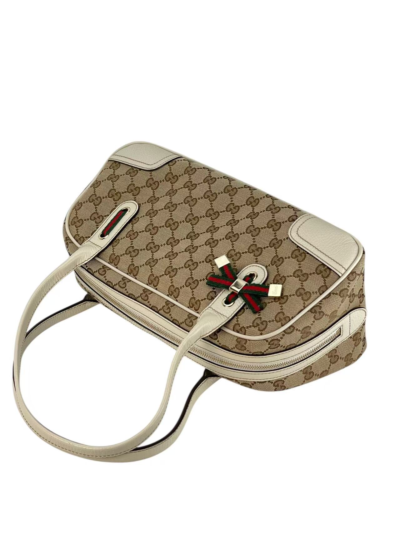 GUCCI - Monogram White Canvas Leather GG Mini Boston Bag