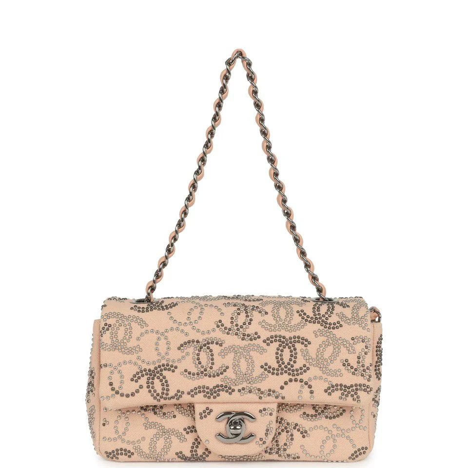 Pre-owned Chanel Mini CC Studded Rectangular Flap Bag Light Pink Canvas Ruthenium Hardware
