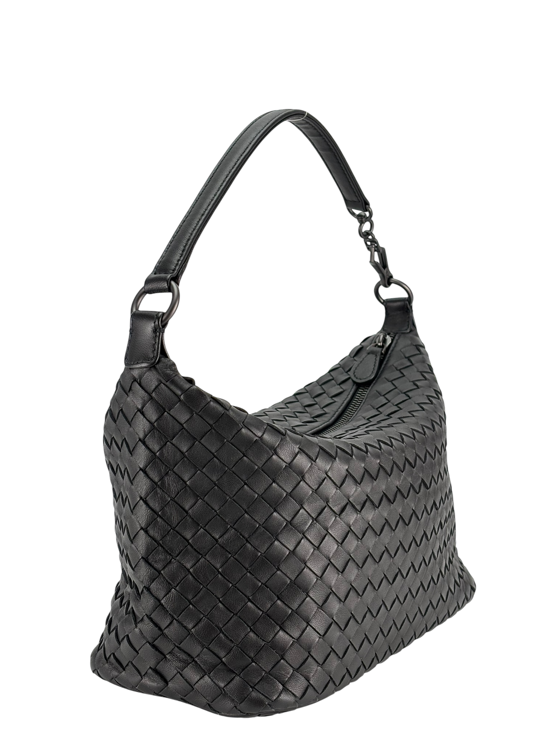 BOTTEGA VENETA - Black Lambskin Hobo Intrecciato Nappa