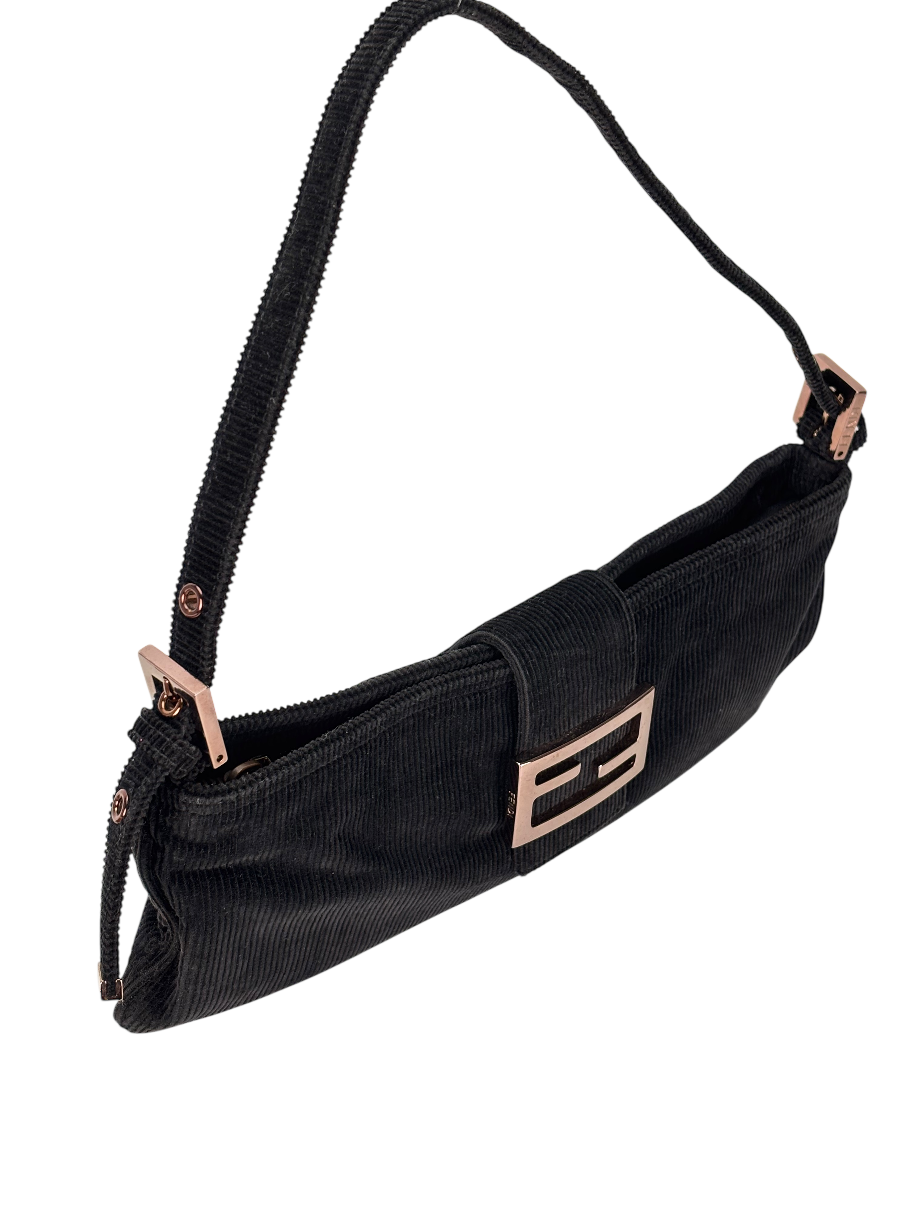 FENDI - Black Mamma Bucket Corduroy Shoulder Bag Rose gold hardware