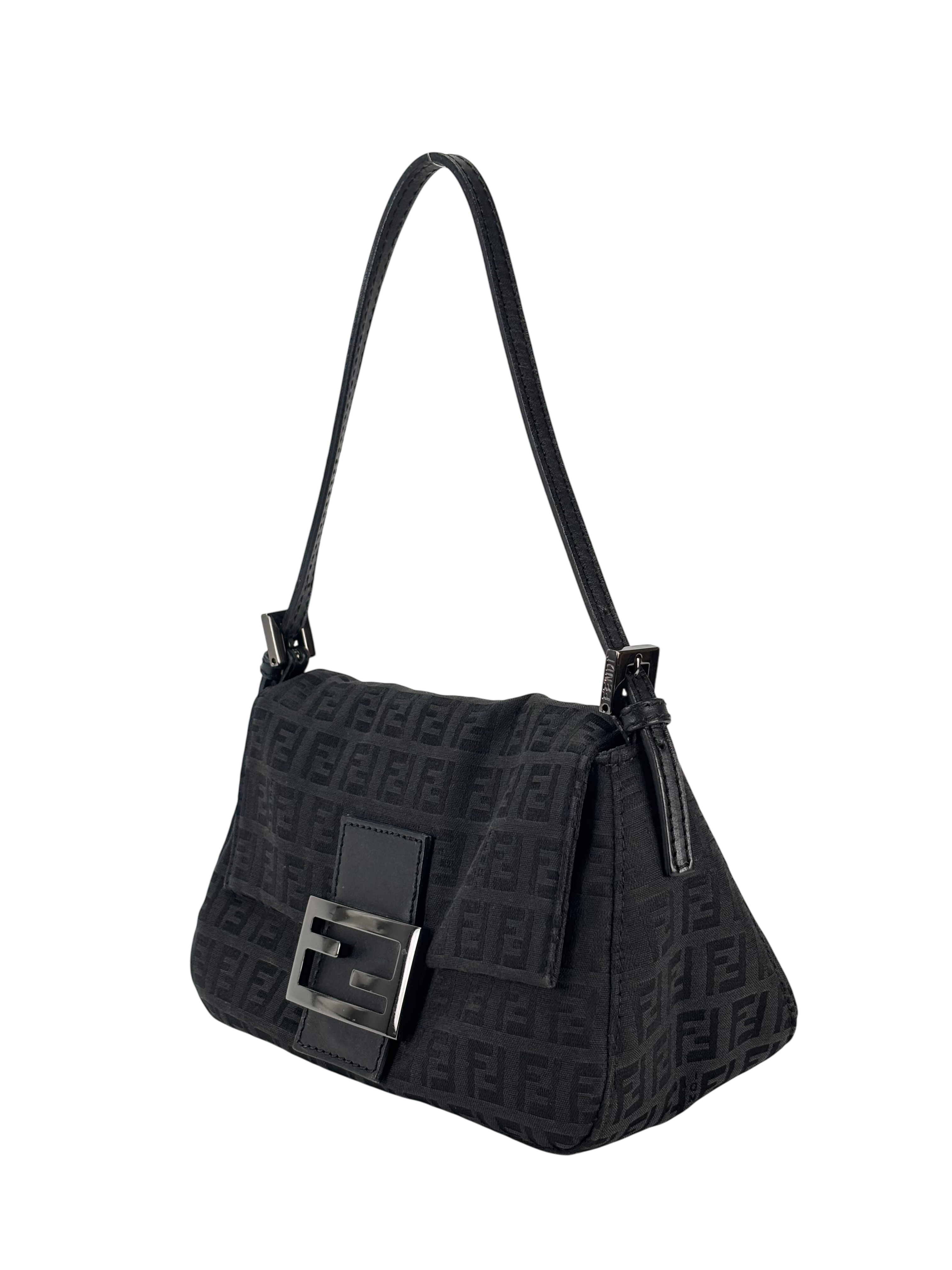 FENDI - Black Canvas Mamma Baguette Handbag Silver Hardware