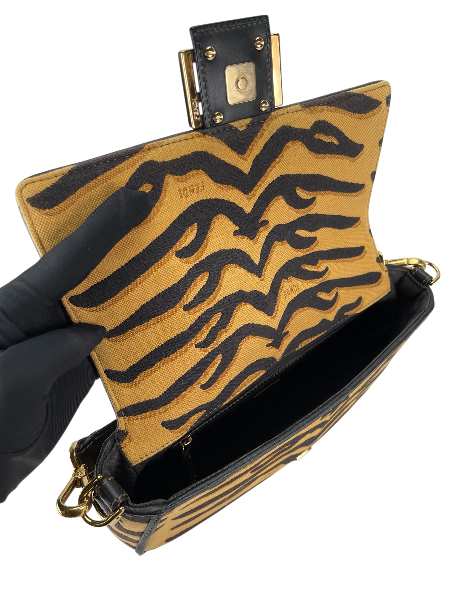 FENDI - Canvas Chinese New Year Tiger Embroidered Baguette Black Dark Yellow
