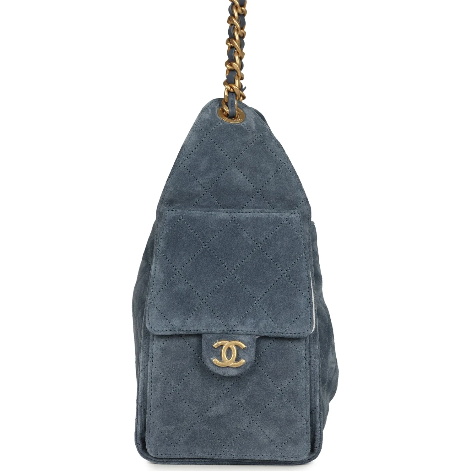 Chanel Small 25 Hobo Bag Blue Suede Antique Gold Hardware