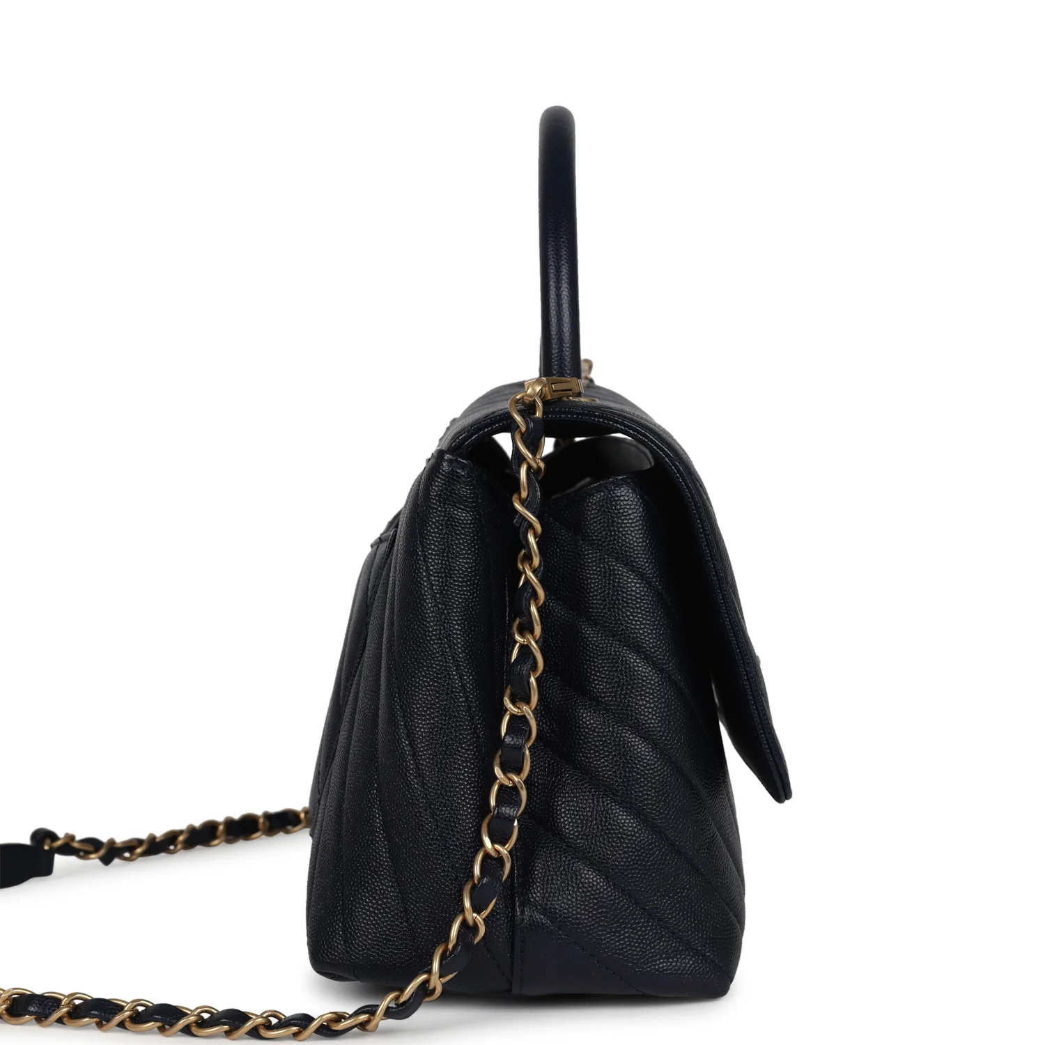 Pre-owned Chanel Medium Coco Top Handle Navy Blue Chevron Caviar Antique Gold Hardware