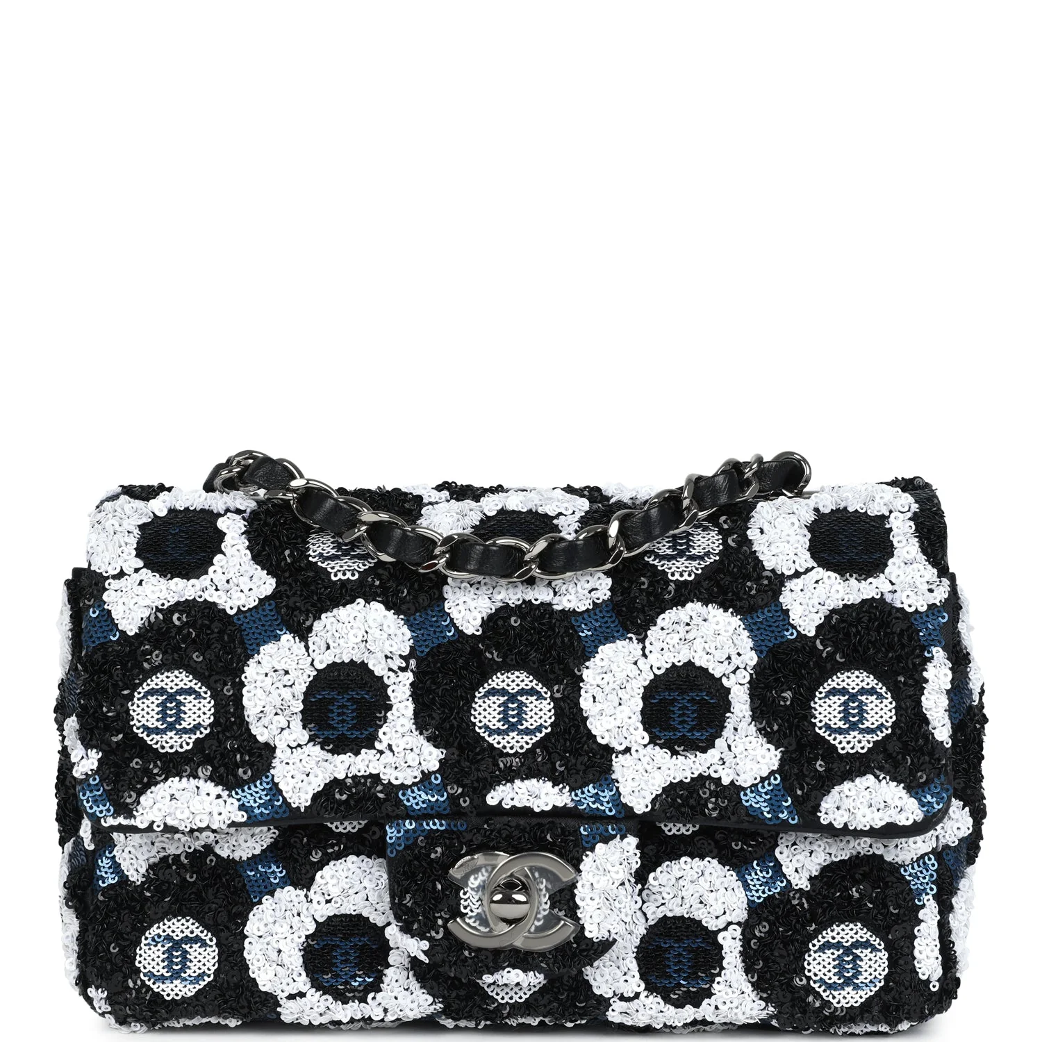 Chanel Mini Rectangular Flower Flap Bag Black, Navy and White Sequin Ruthenium Hardware