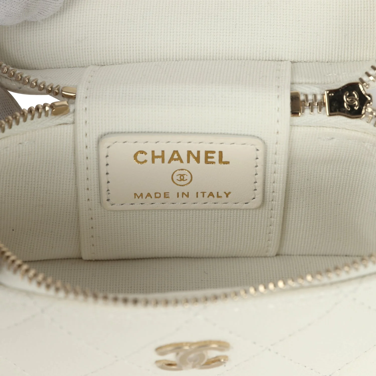 Chanel Micro Top Handle Vanity Case Bag Charm White Shiny Caviar Light Gold Hardware