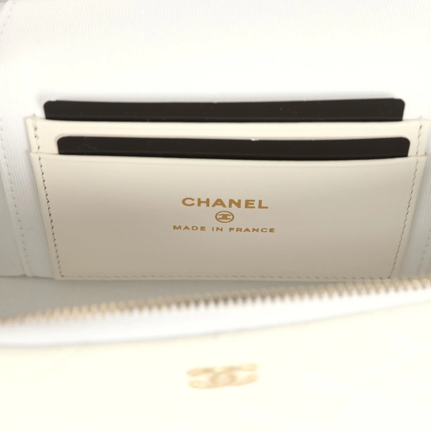 Chanel Top Handle Long Vanity Case with Chain White Shiny Caviar Light Gold Hardware