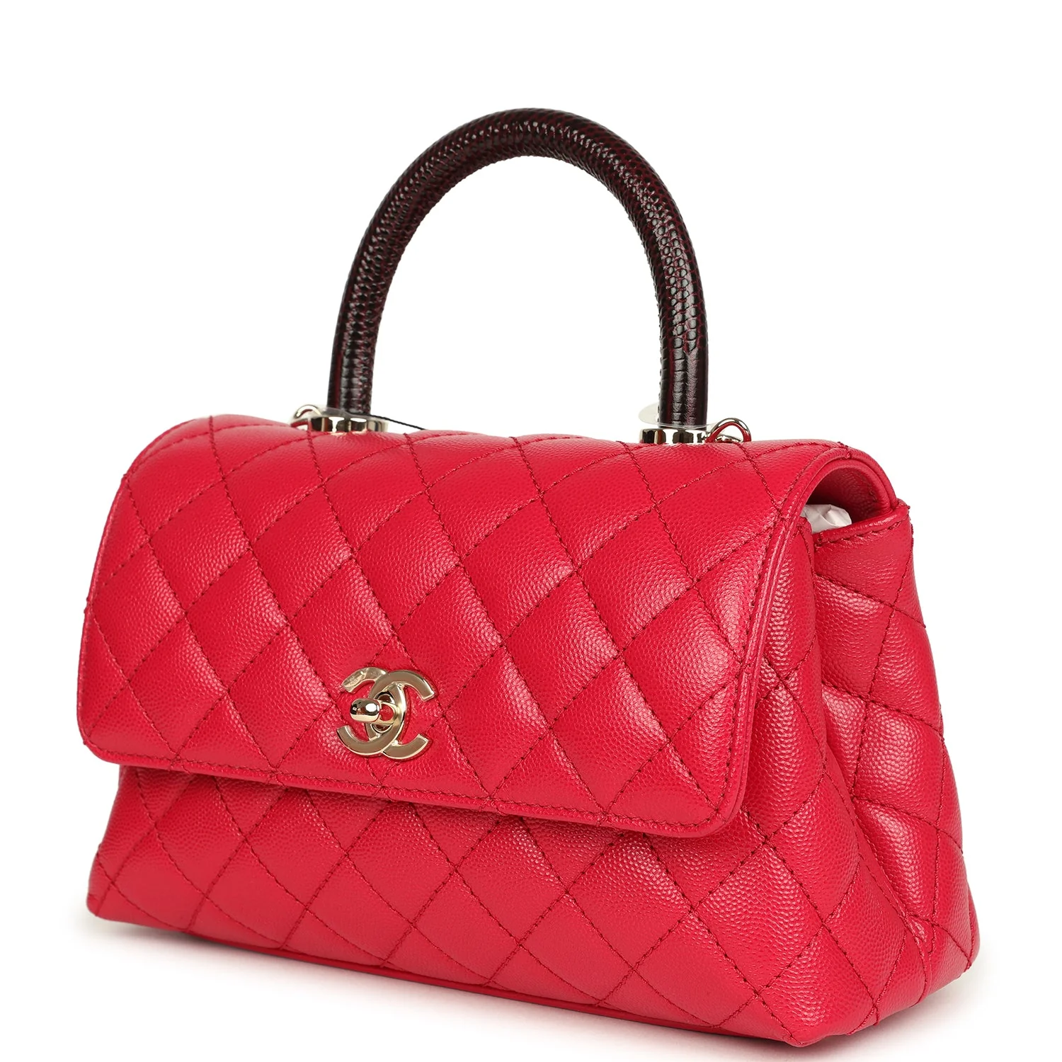 Chanel Small Coco Top Handle Flap Bag Dark Red Shiny Caviar and Burgundy Lizard Light Gold Hardware