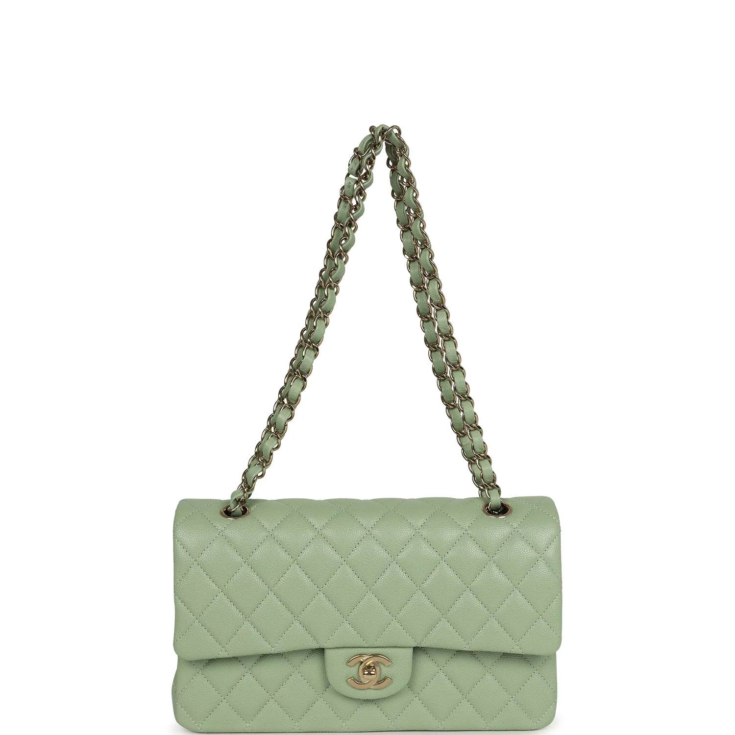 Chanel Medium Classic Double Flap Bag Light Green Caviar Light Gold Hardware