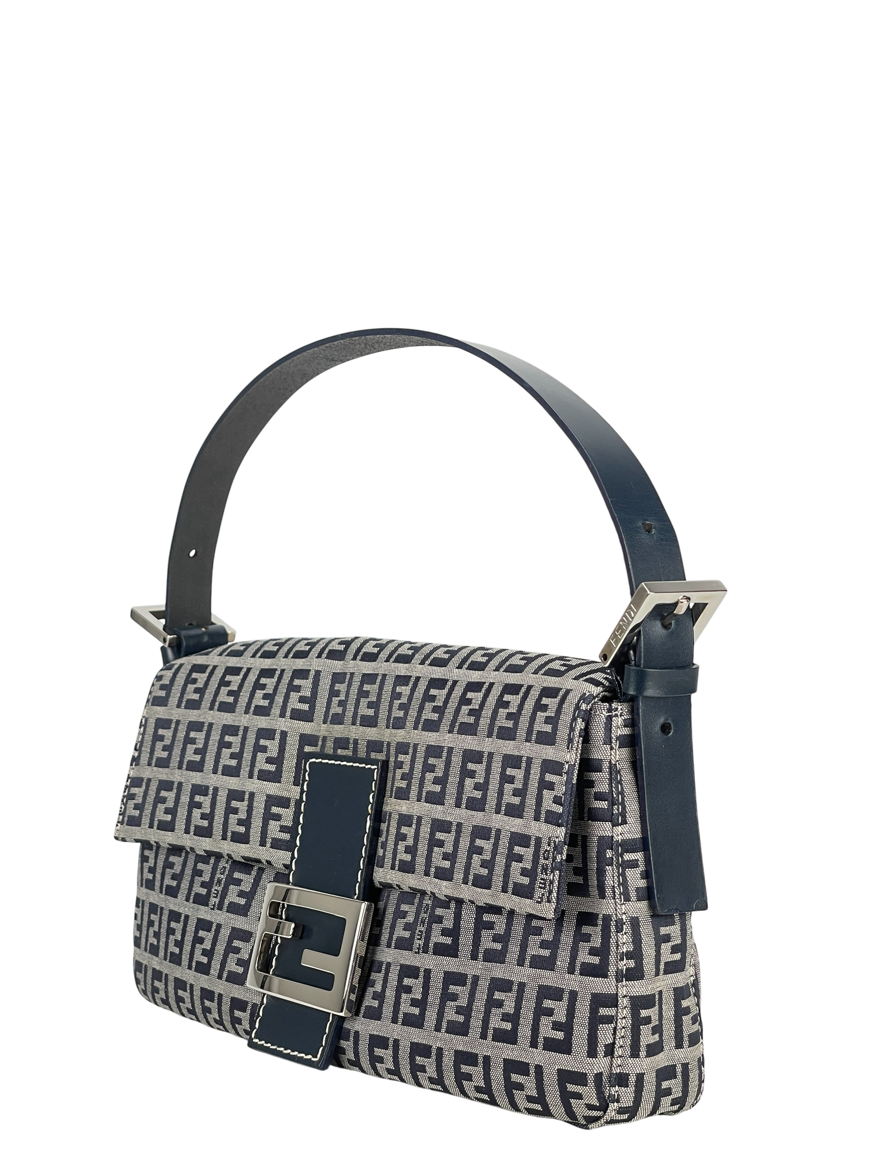 FENDI - Small Navy Canvas Zucchino Mamma Baguette Sliver Hardware