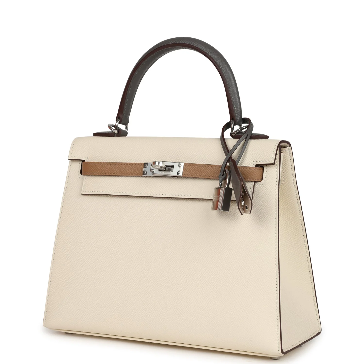 Hermes Kelly Sellier 25 Tri-Color Nata, Gris Meyer and Chai Epsom Palladium Hardware