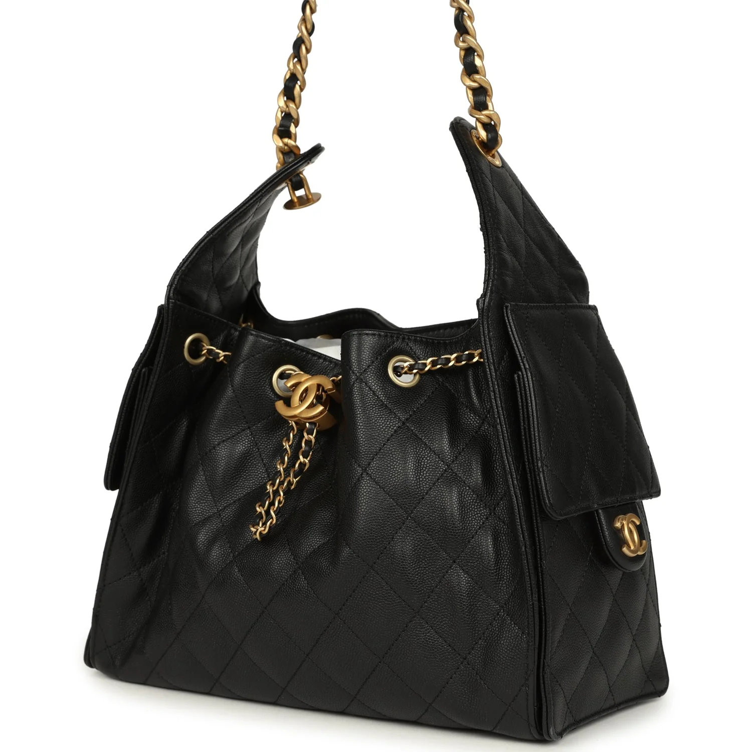 Pre-owned Chanel Small 25 Hobo Bag Black Caviar Antique Gold Hardware