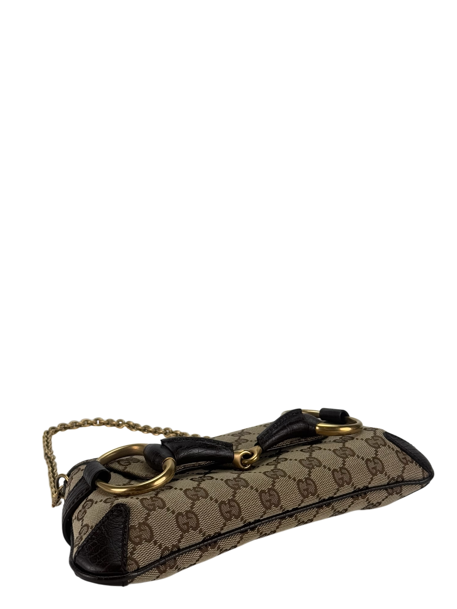 GUCCI -  Beige Brown 2WAY Horsebit Chain GG Canvas Handbag Clutch Bag
