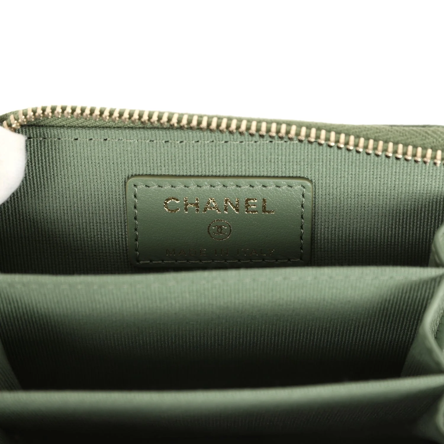 Chanel Classic Zipped Coin Purse Wallet Khaki Shiny Caviar Light Gold Hardware