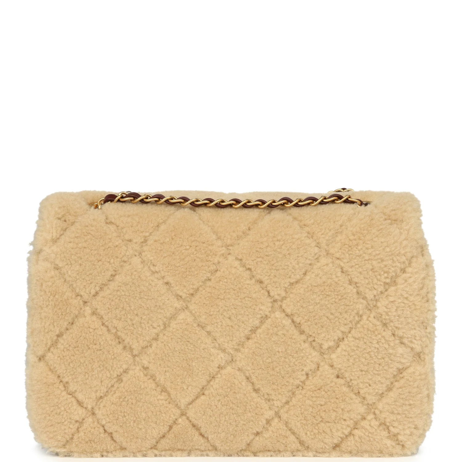 Chanel Large Shearling Flap Bag Dark Brown Lambskin and Beige Shearling Brushed Gold Hardware