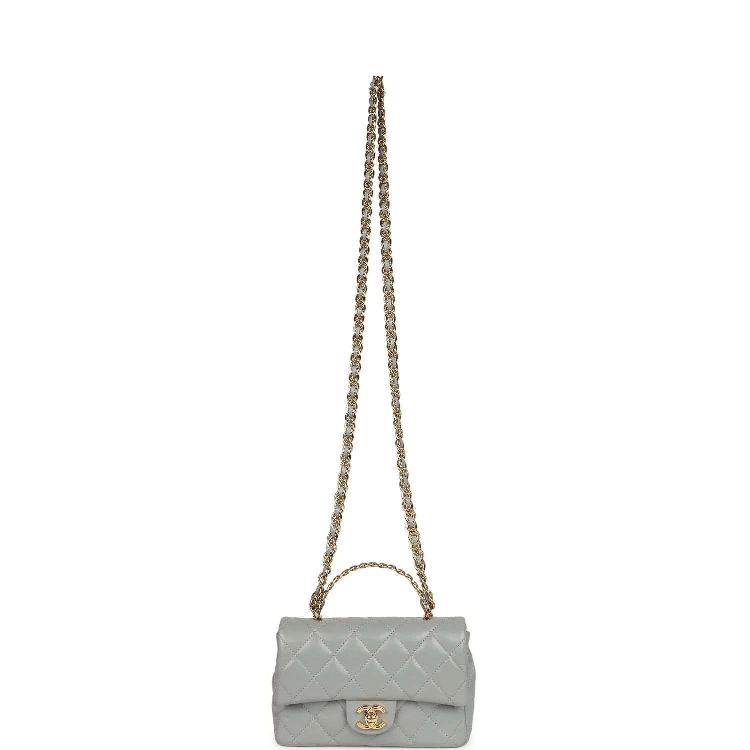 Pre-owned Chanel Mini CC Rectangular Flap Bag with Top Handle Light Grey Lambskin Gold Hardware