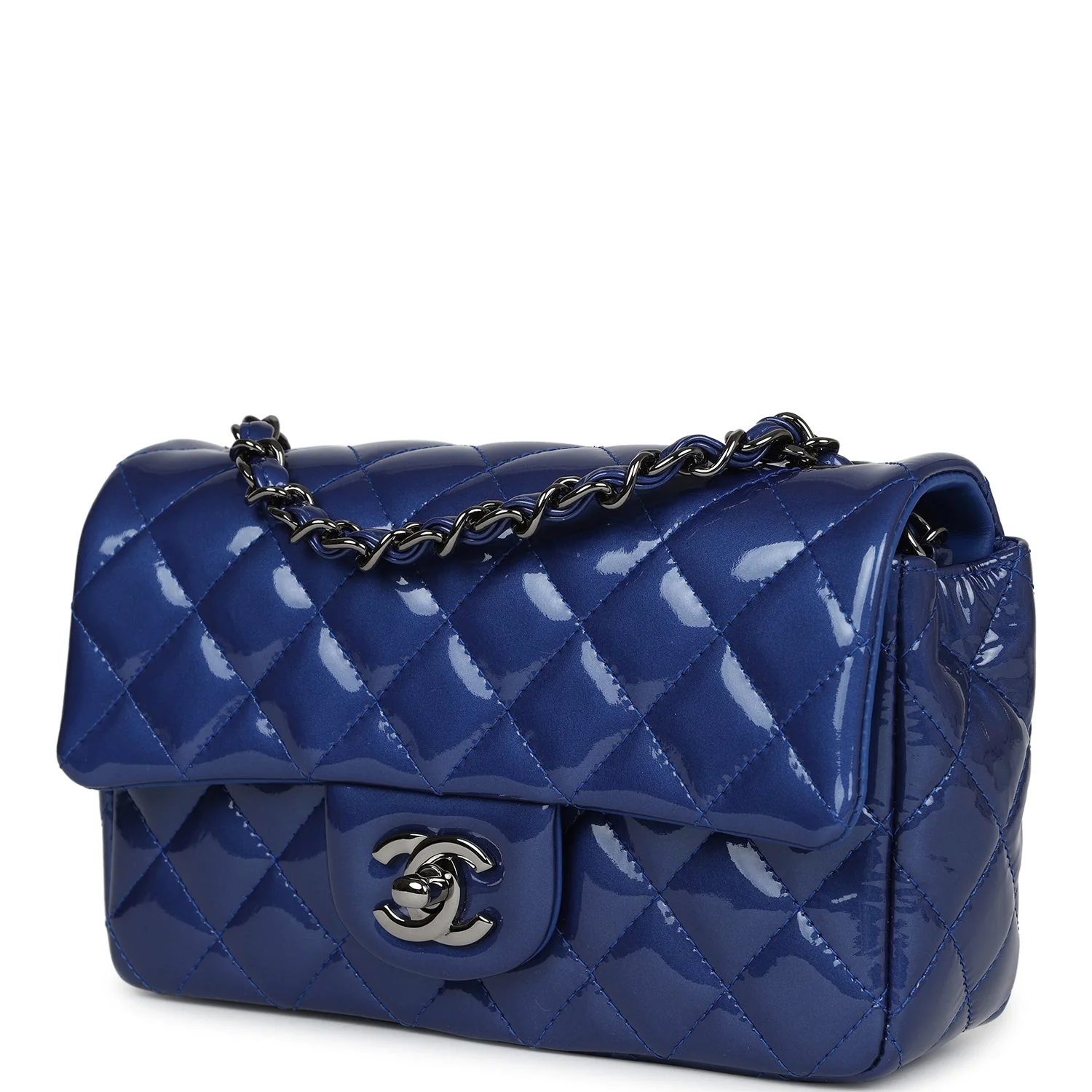 Pre-owned Chanel Mini Rectangular Flap Bag Blue Patent Ruthenium Hardware