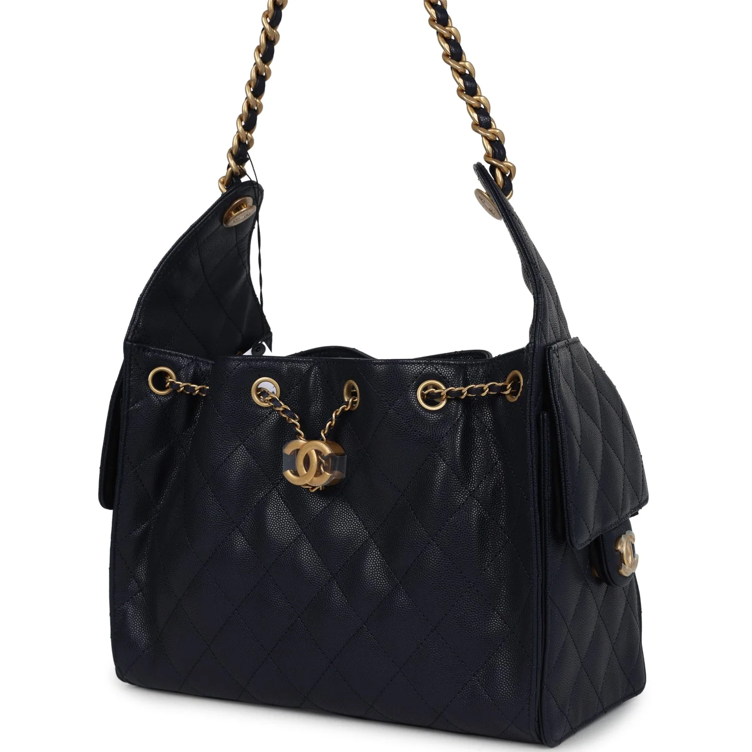 Chanel Small 25 Hobo Bag Dark Navy Caviar Antique Gold Hardware