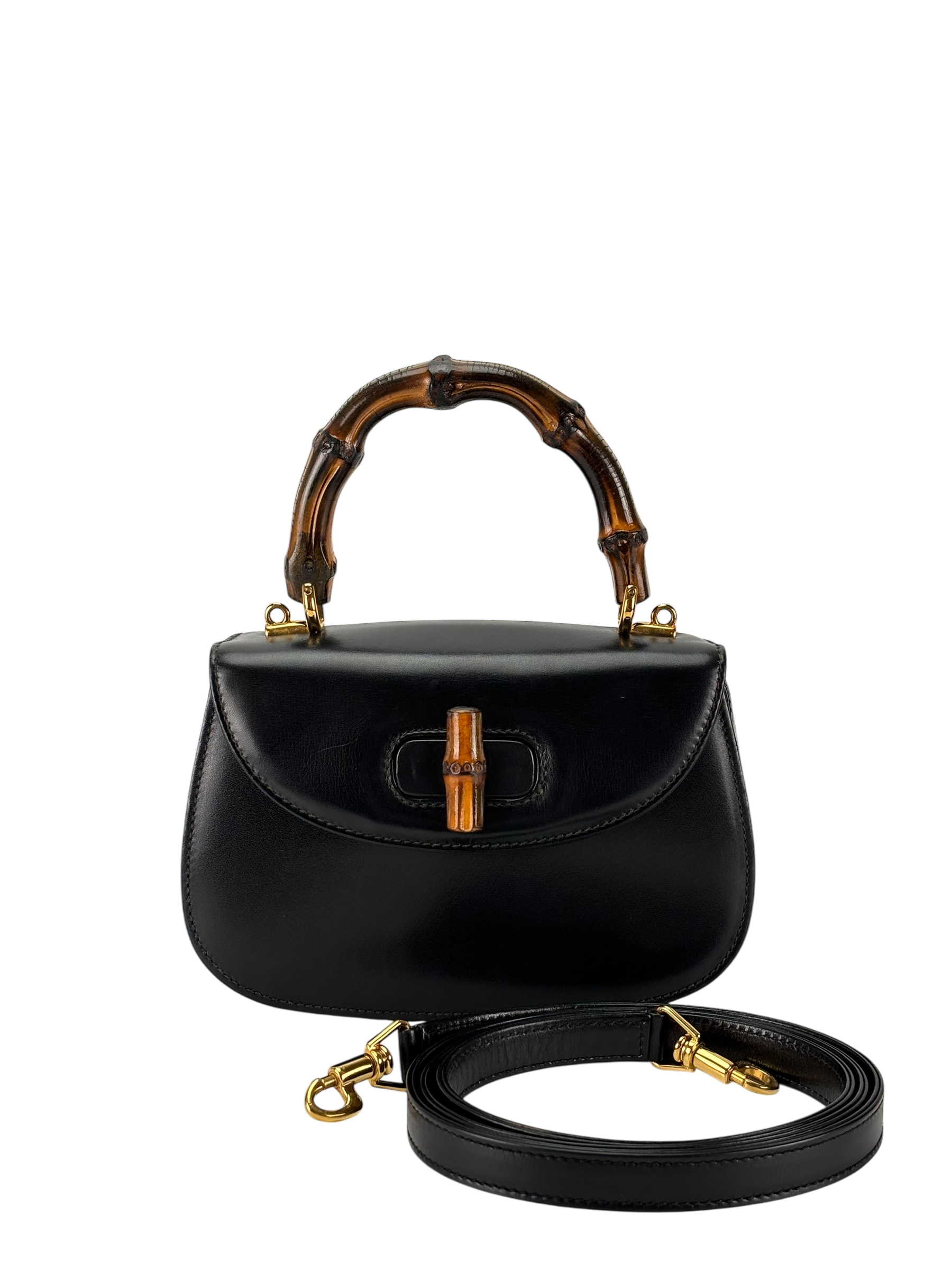 GUCCI - Black Box Leather 2way Small Leather Bamboo Handbag