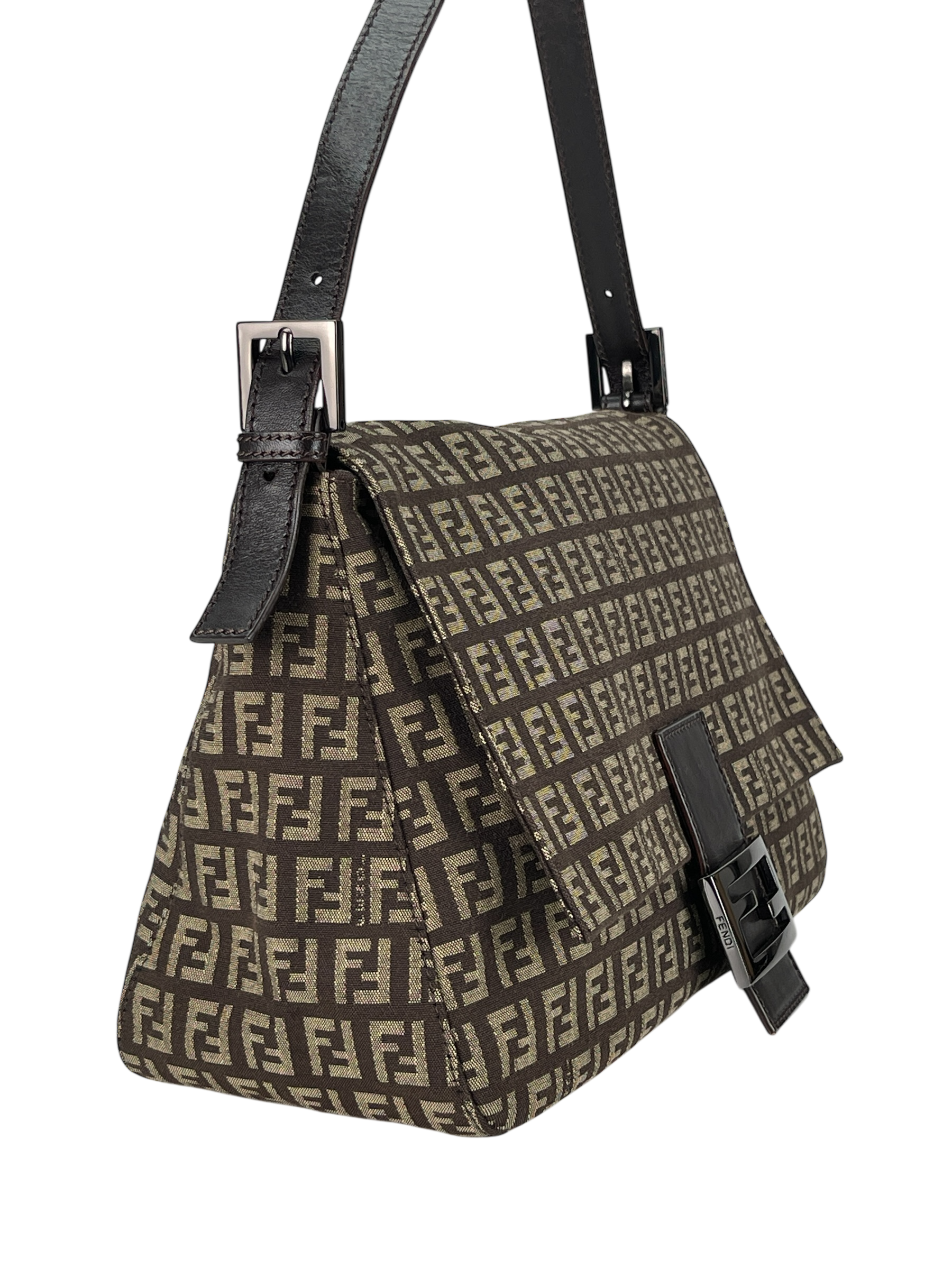 FENDI - Brown Canvas Zucca Mamma Baguette Handbag Silver Hardware