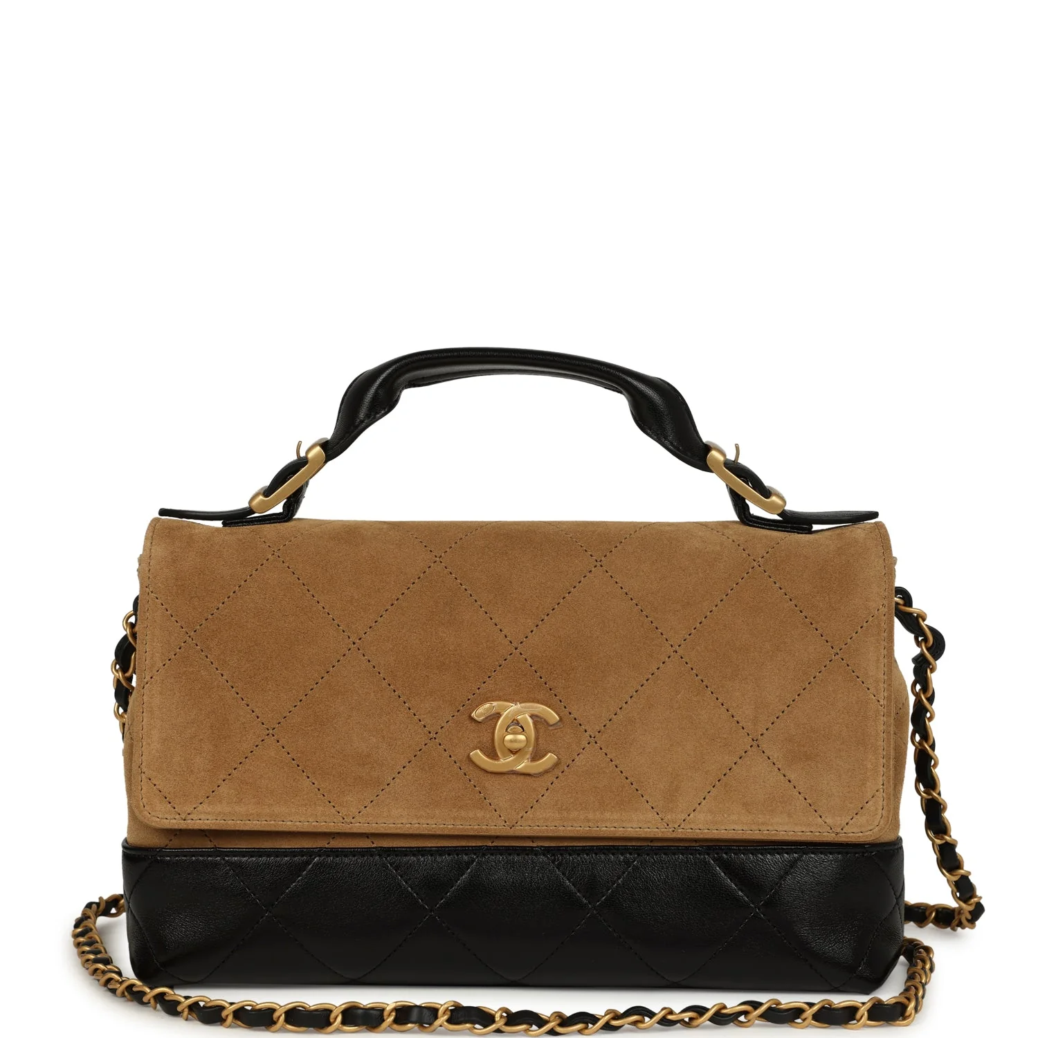 Chanel Coco Base Top Handle Flap Bag Brown Suede and Black Shiny Lambskin Brushed Gold Hardware