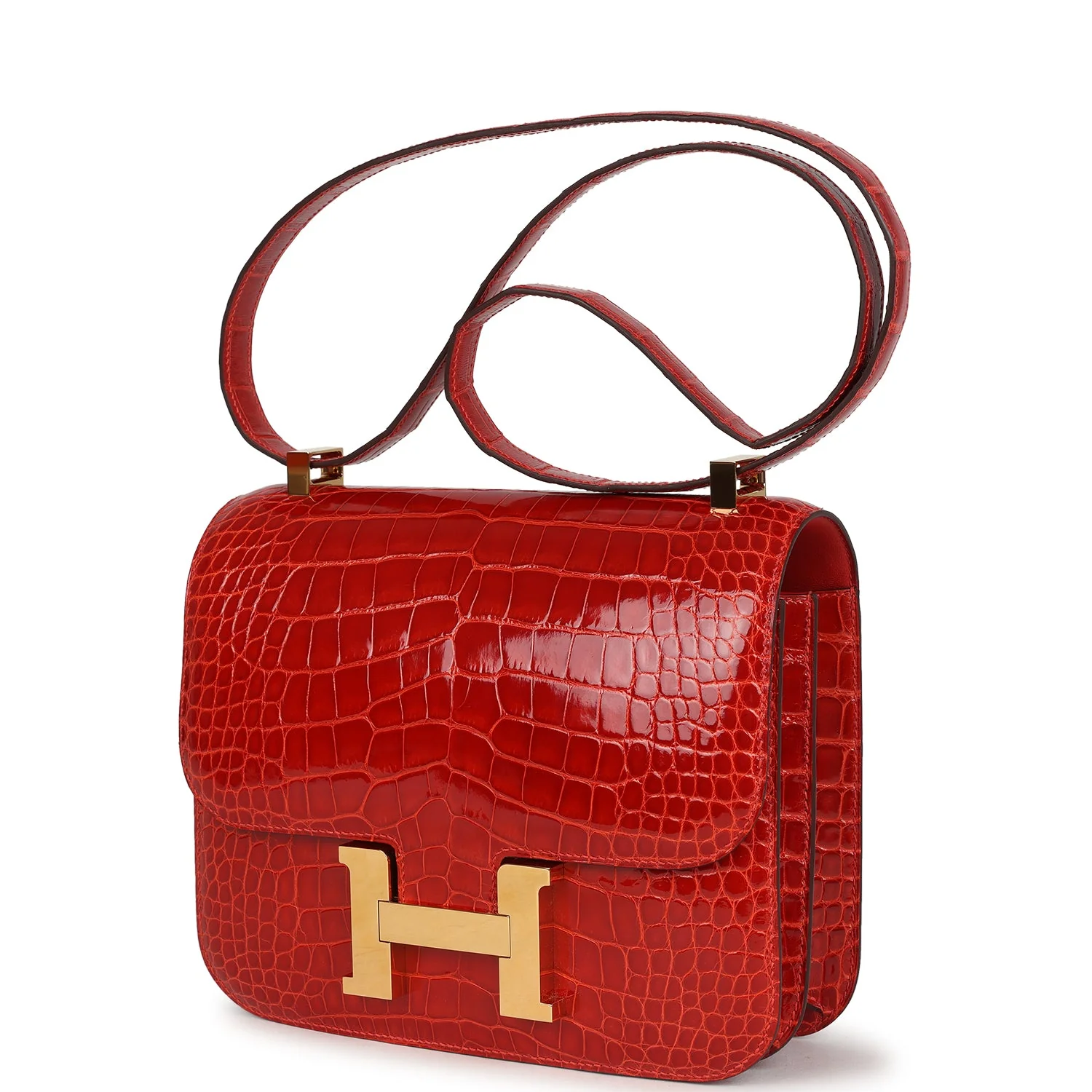 Pre-owned Hermes Constance 24 Geranium Shiny Alligator Gold Hardware