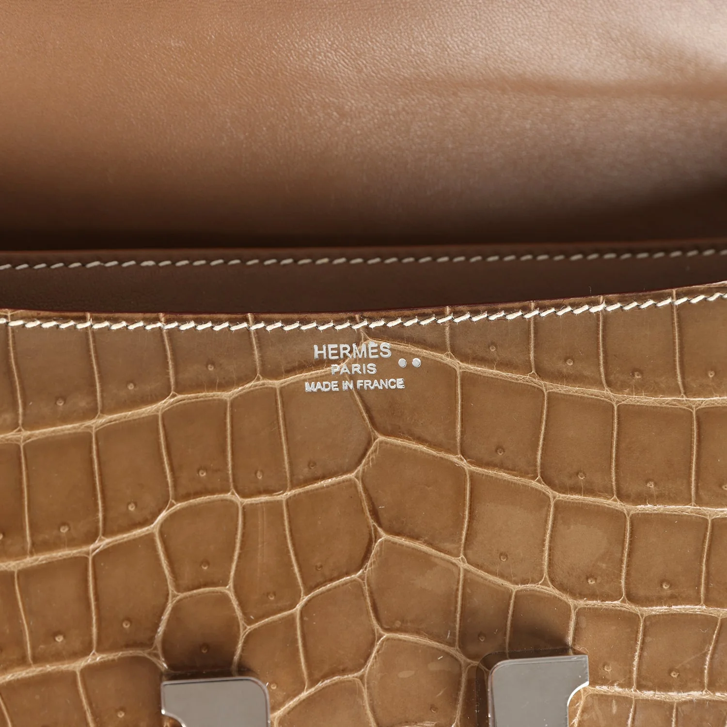 Pre-owned Hermes Constance Elan Ficelle Shiny Niloticus Crocodile Palladium Hardware