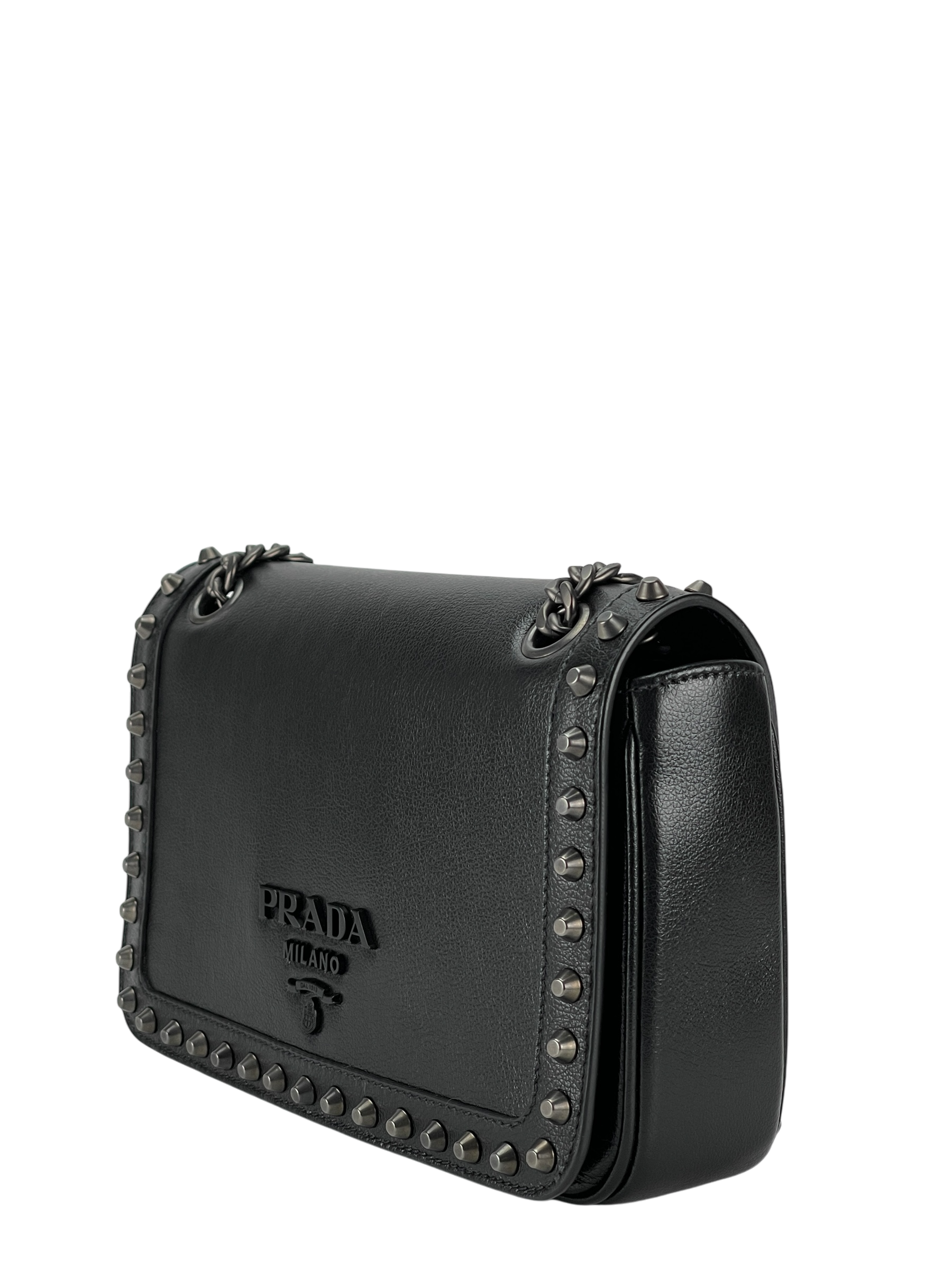 PRADA -  Black Leather Studded Flap Double Chain Shoulder Bag