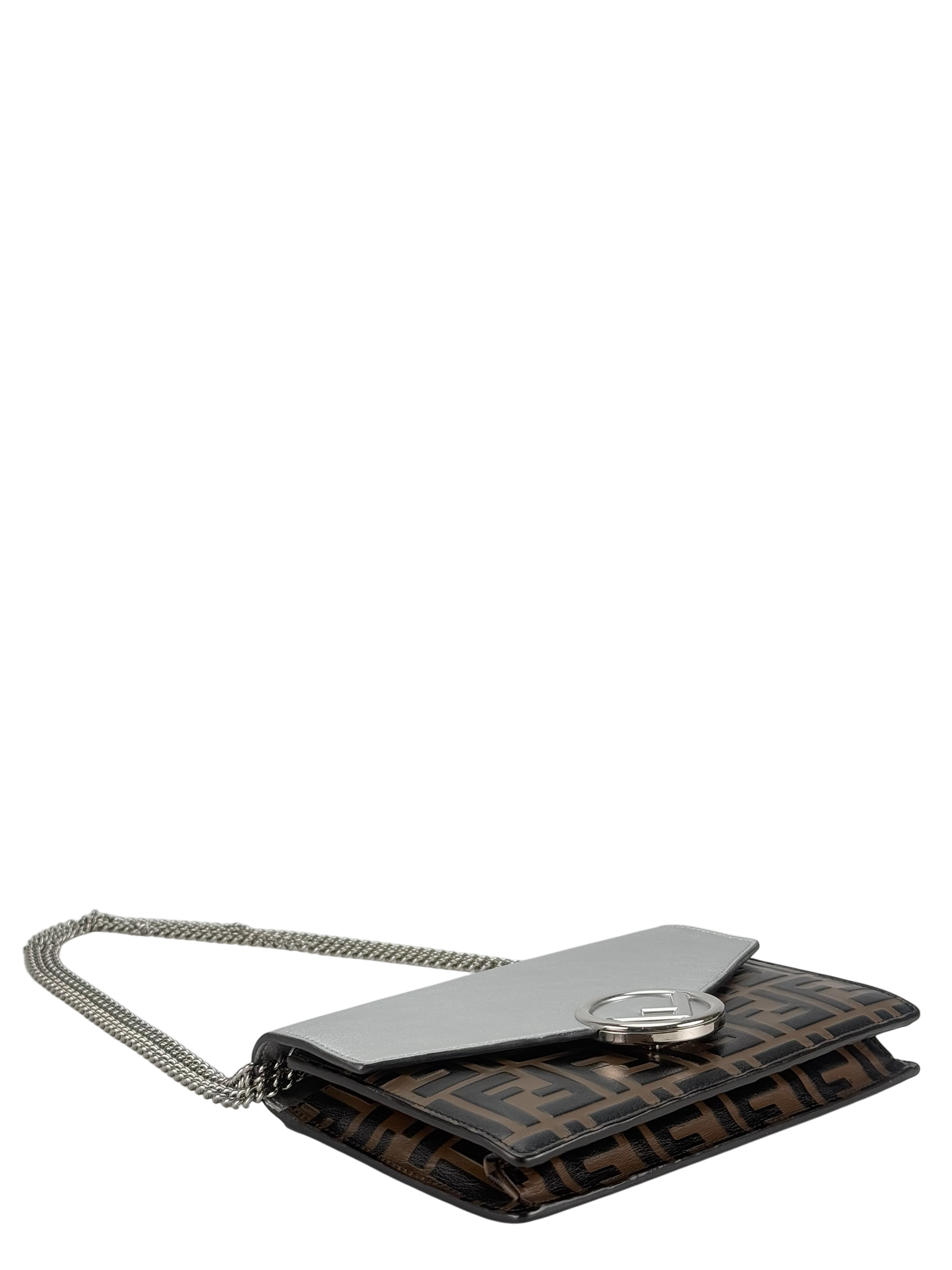 FENDI - Sliver FF Wallet On Chain leather Canvas handbag