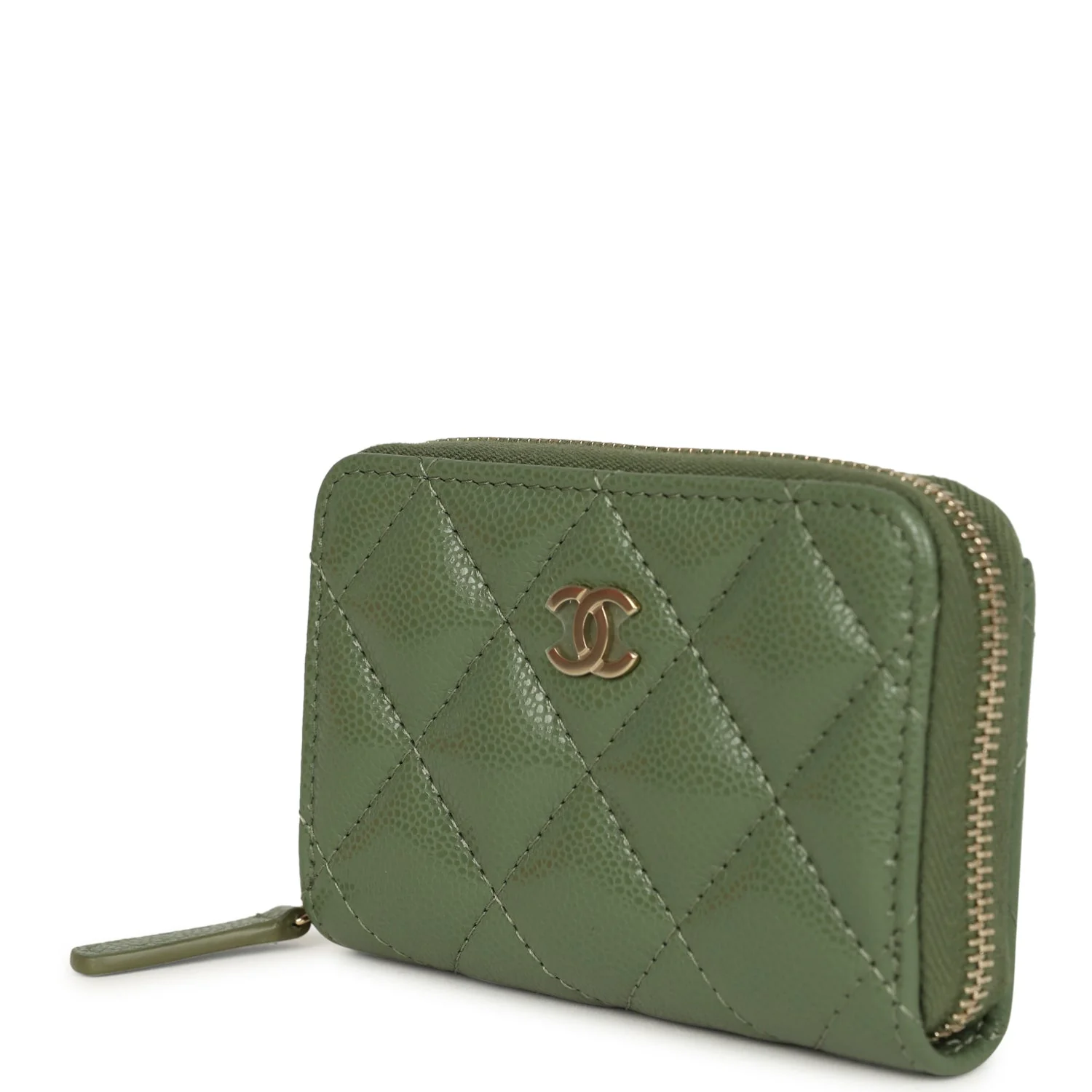 Chanel Classic Zipped Coin Purse Wallet Khaki Shiny Caviar Light Gold Hardware