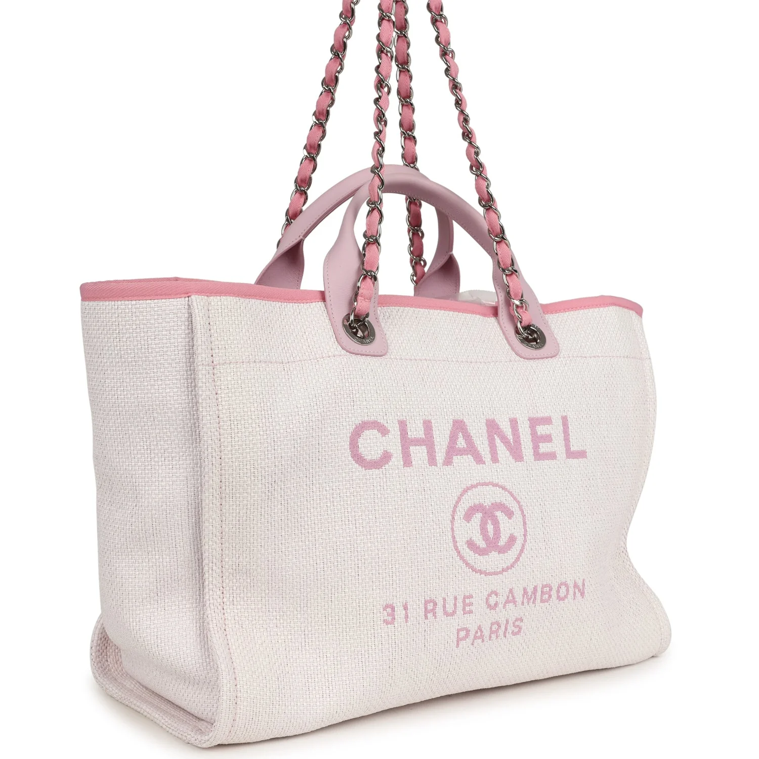 Pre-owned Chanel Medium Deauville Shopping Tote Light Pink Raffia and Canvas Silver Hardware