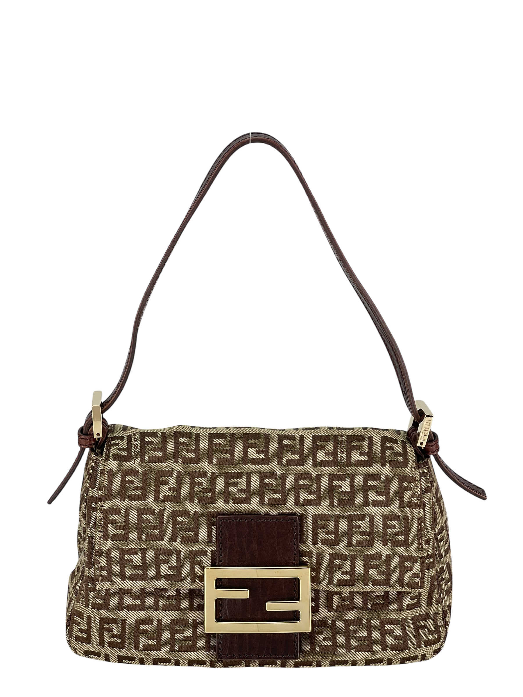 FENDI - Beige Zucca Canvas Leather Shoulder Bag