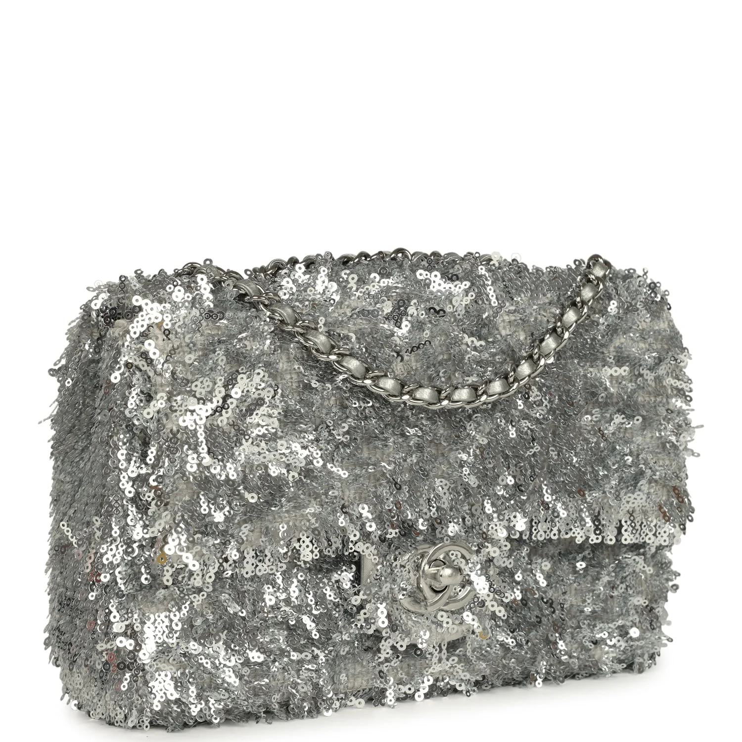Chanel Mini Rectangular Fringe Flap Bag Silver Sequin Silver Hardware