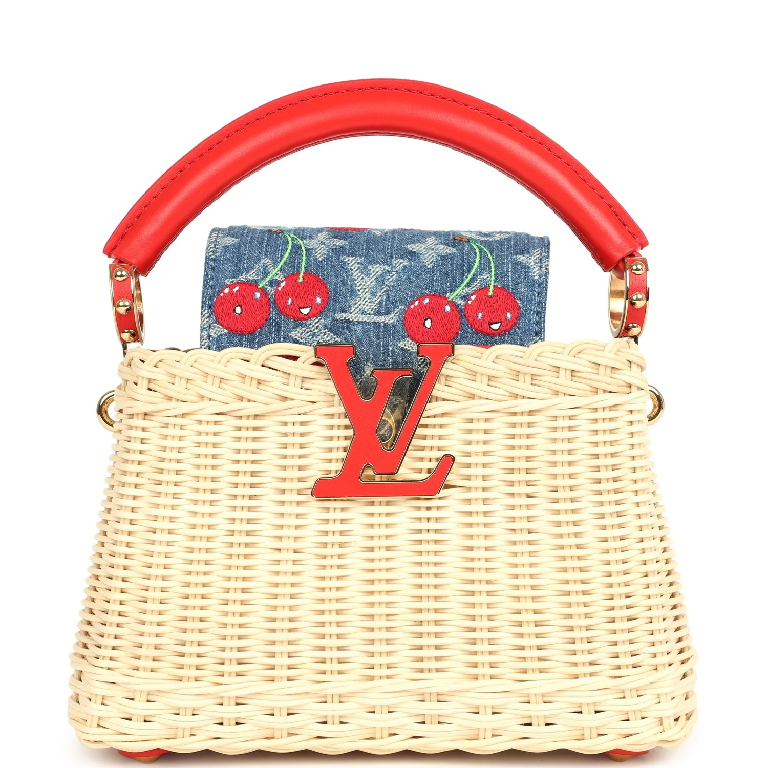 Louis Vuitton X Takashi Murakami Capucines Mini Red and Blue Monogram Cherry Denim and Rattan Wicker Gold Hardware