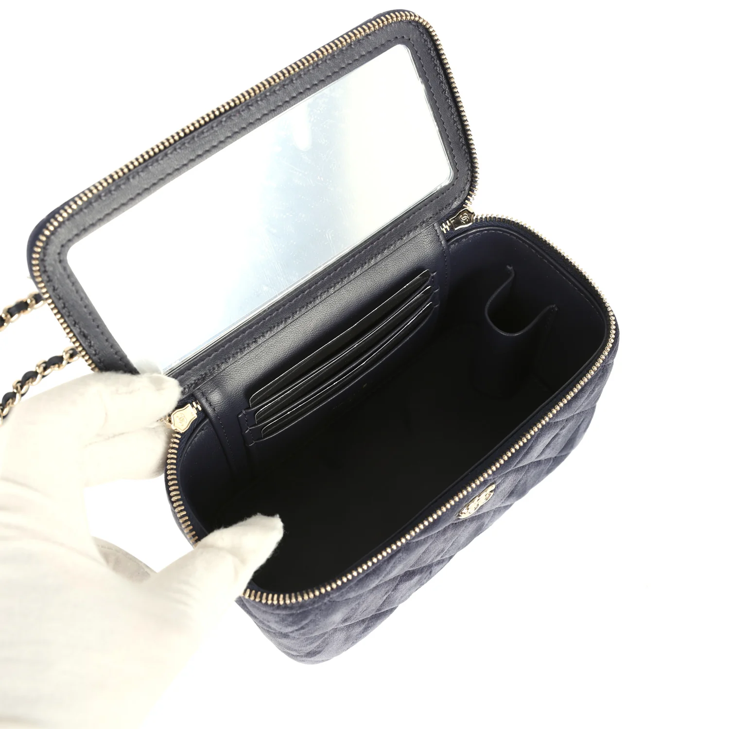 Chanel Small Crystal Pearl Crush Vanity Case Gris Fonce Velvet Light Gold Hardware