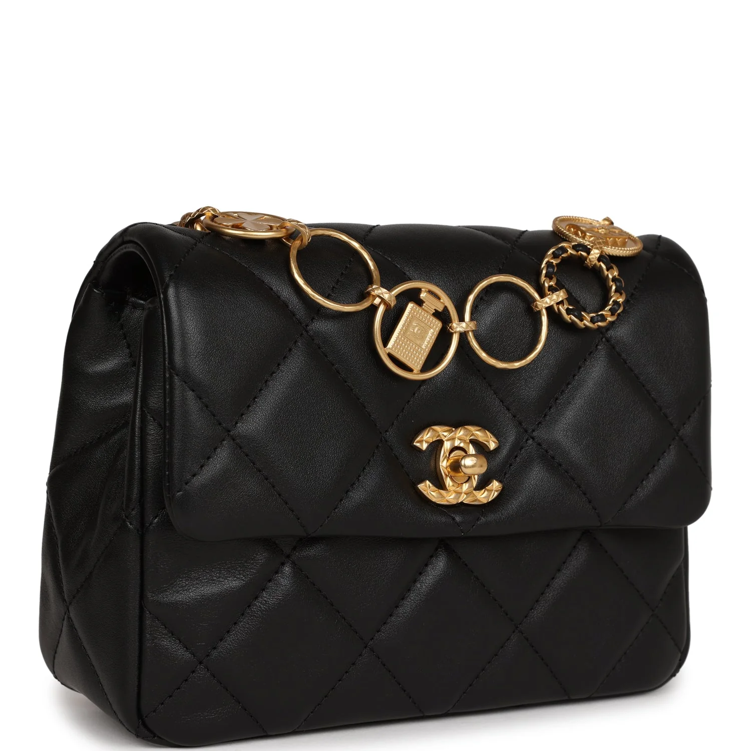 Chanel Mini Charms Flap Bag Black Lambskin Brushed Gold Hardware