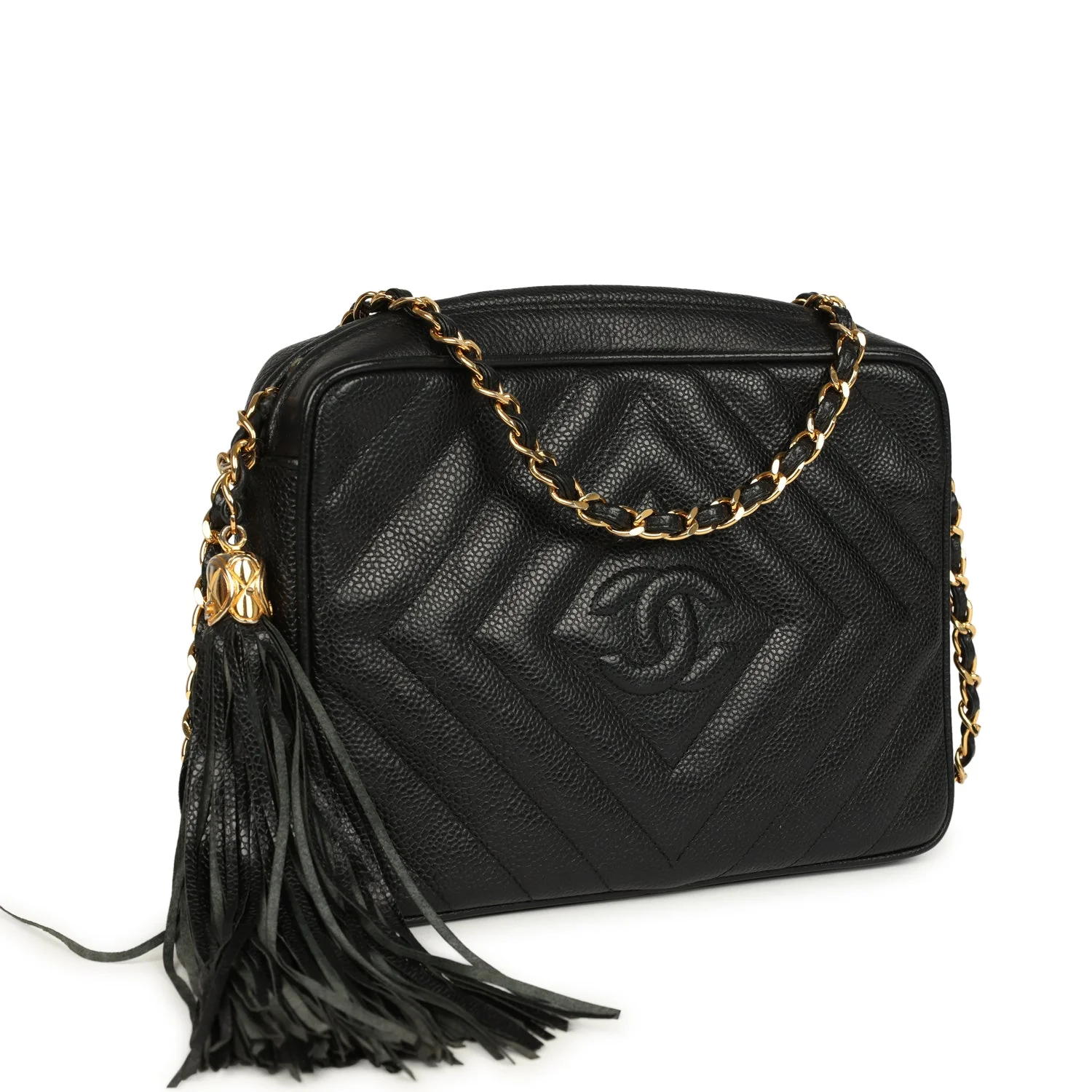 Vintage Chanel Small Diamond Quilted Camera Bag Black Caviar Gold Hardware