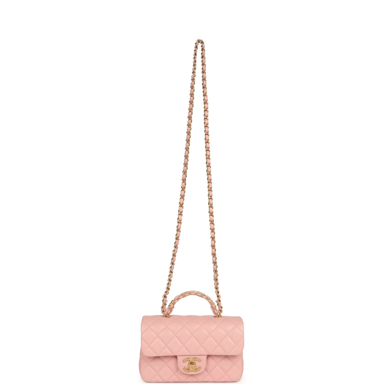 Chanel Mini Rectangular Flap Bag with CC Top Handle Pink Shiny Caviar Antique Gold Hardware