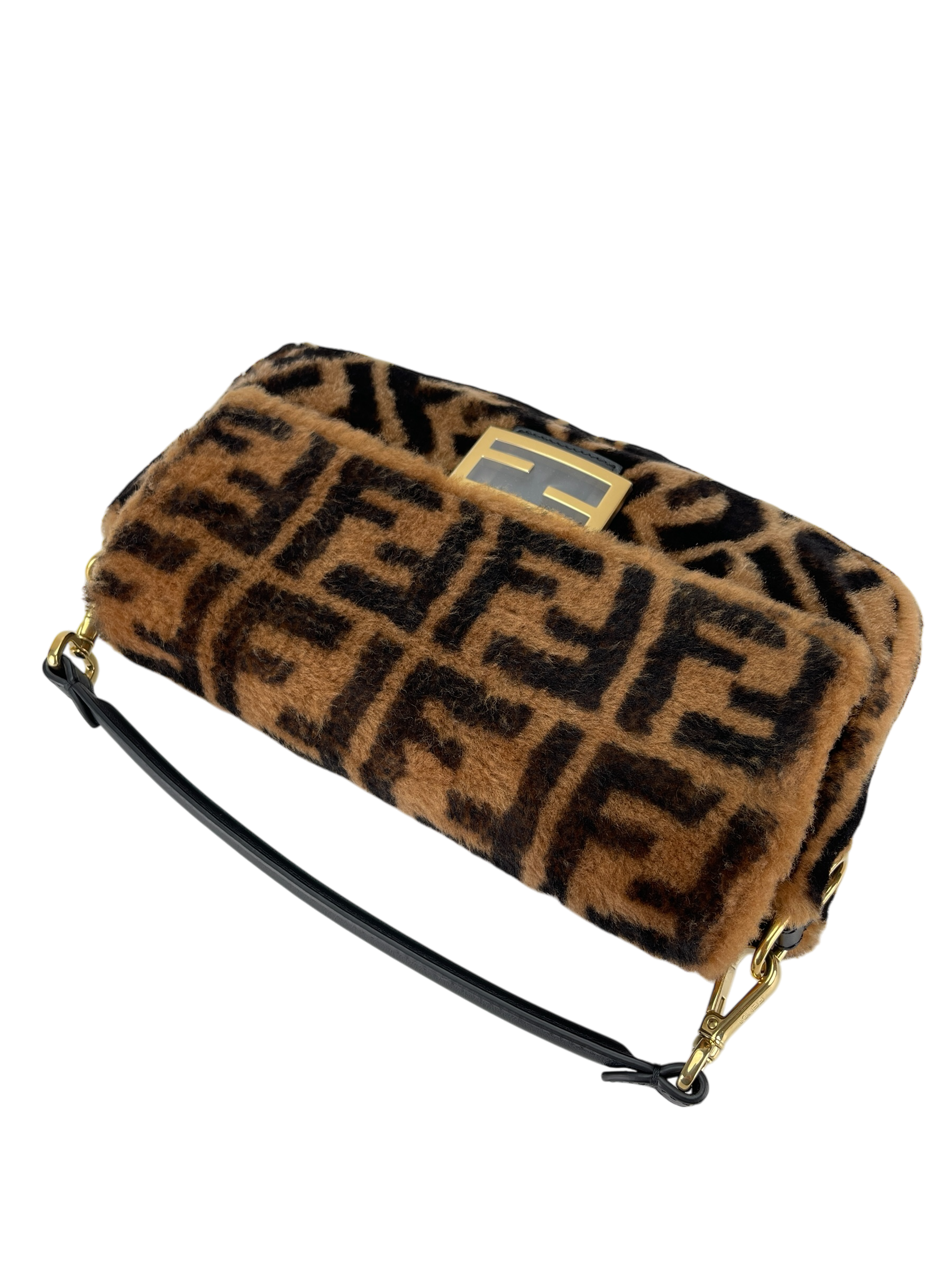 FENDI - Baguette Shoulder Bag Brown Zucca Shearling and Leather