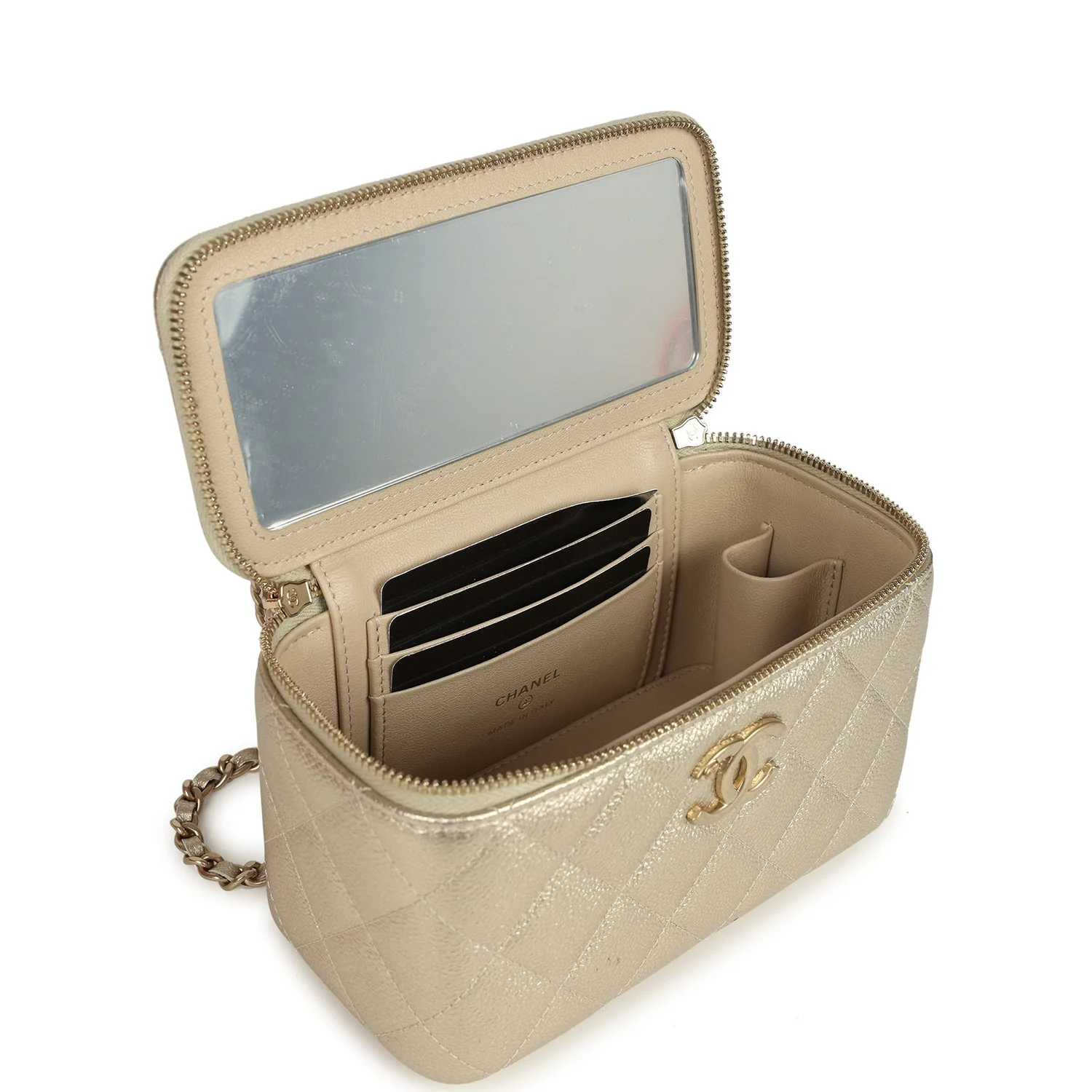 Chanel Small Classic Vanity Case Light Gold Metallic Caviar Brushed Light Gold Hardware