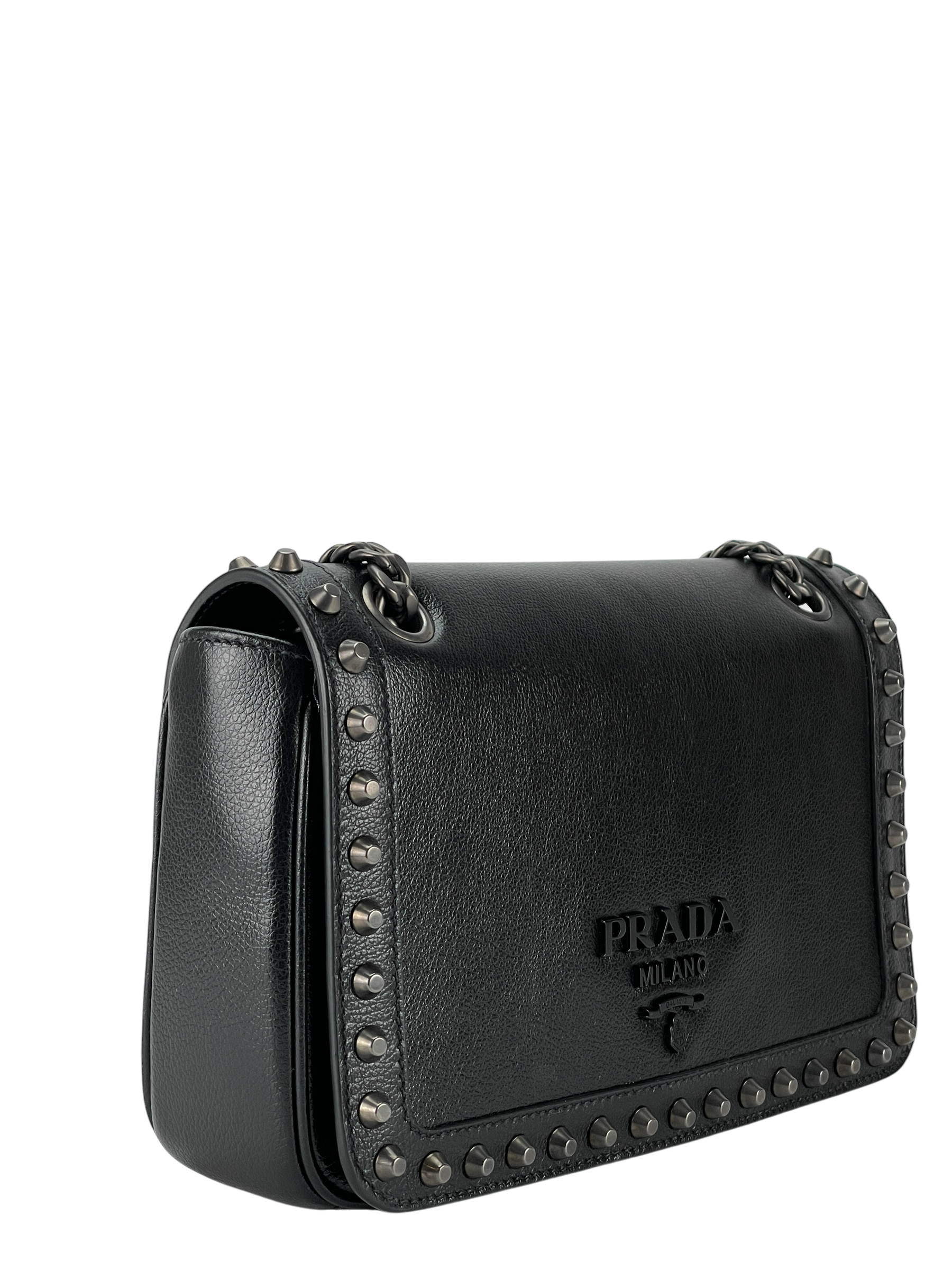PRADA -  Black Leather Studded Flap Double Chain Shoulder Bag