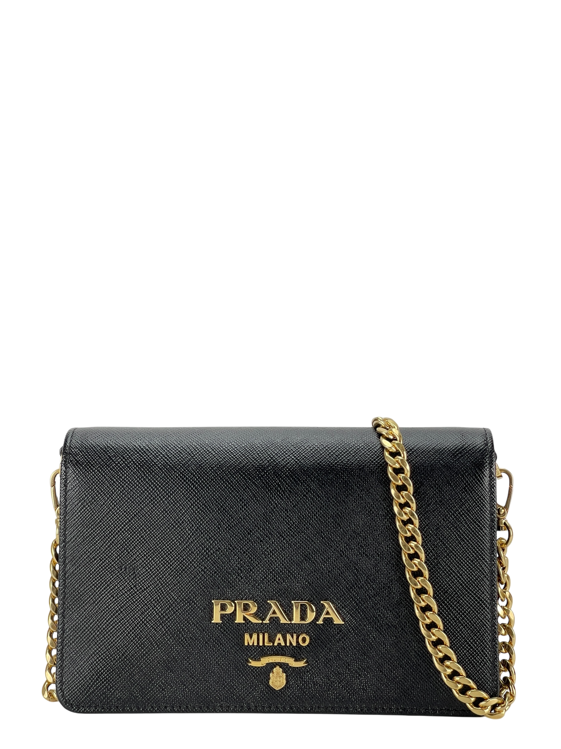 PRADA - Black Calfskin Leather Saffiano Chain Shoulder Bag Gold Hardware