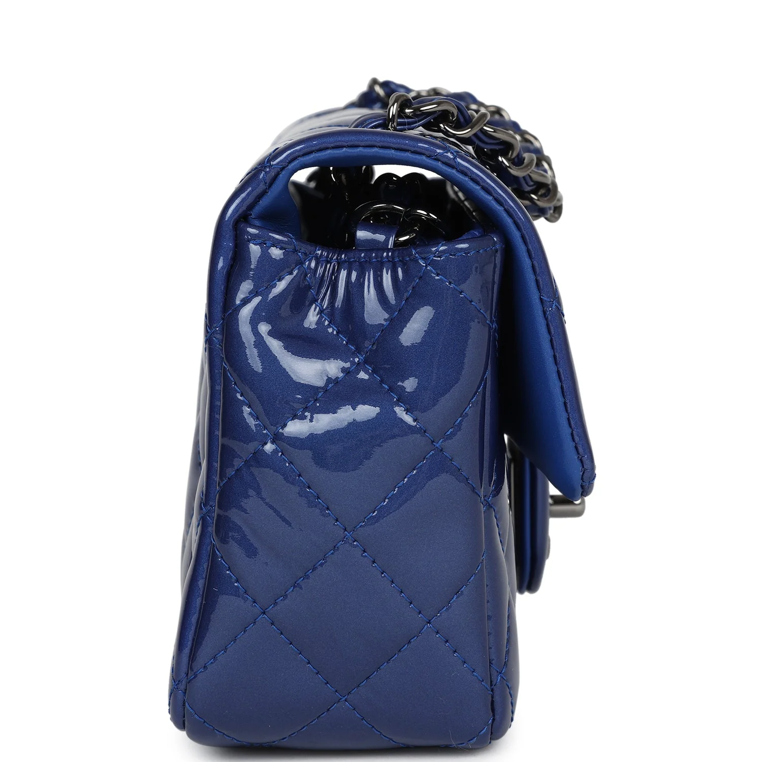 Pre-owned Chanel Mini Rectangular Flap Bag Blue Patent Ruthenium Hardware