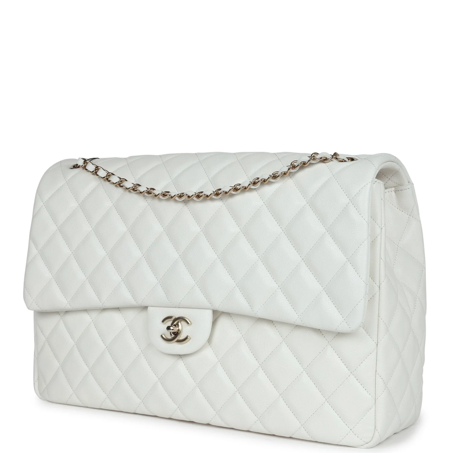 Chanel XXL Classic Single Flap Bag White Shiny Caviar Light Gold Hardware