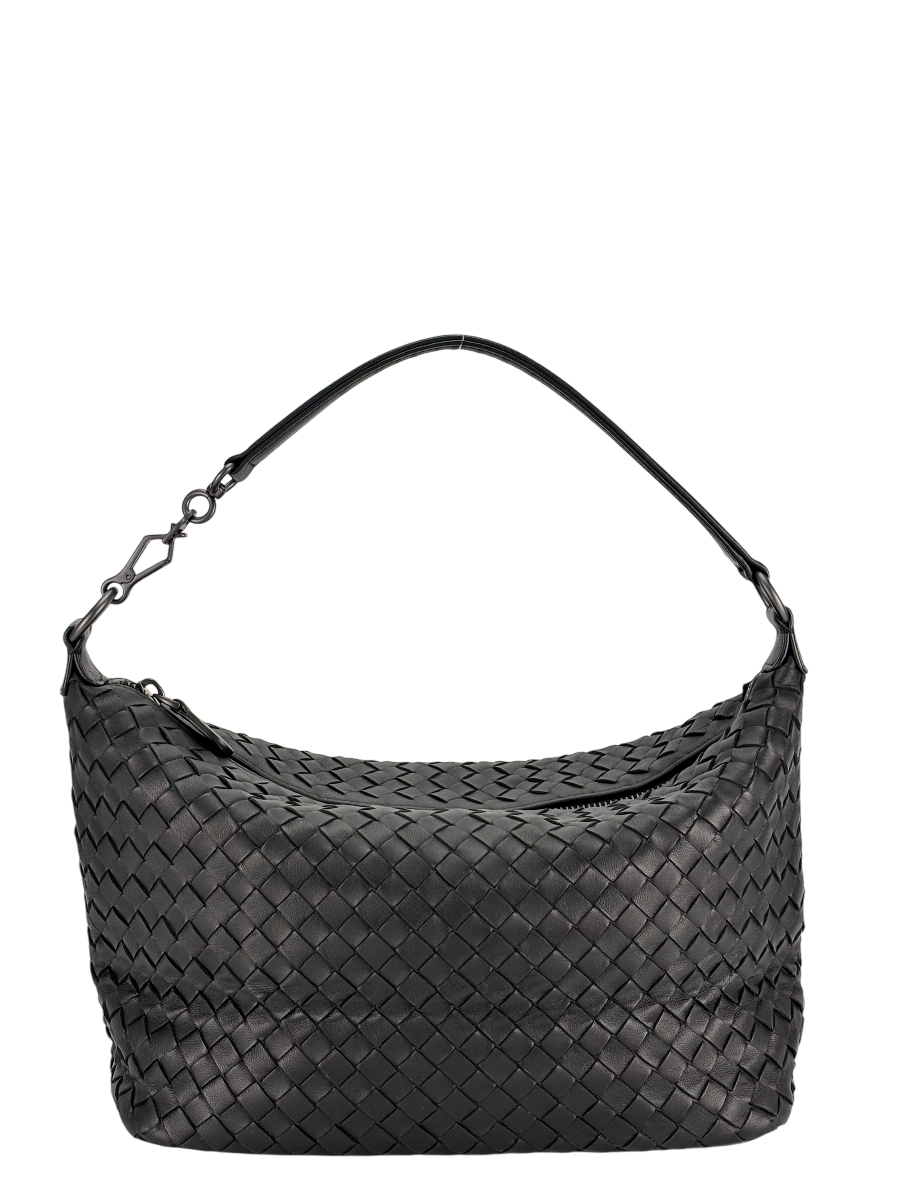 BOTTEGA VENETA - Black Lambskin Hobo Intrecciato Nappa