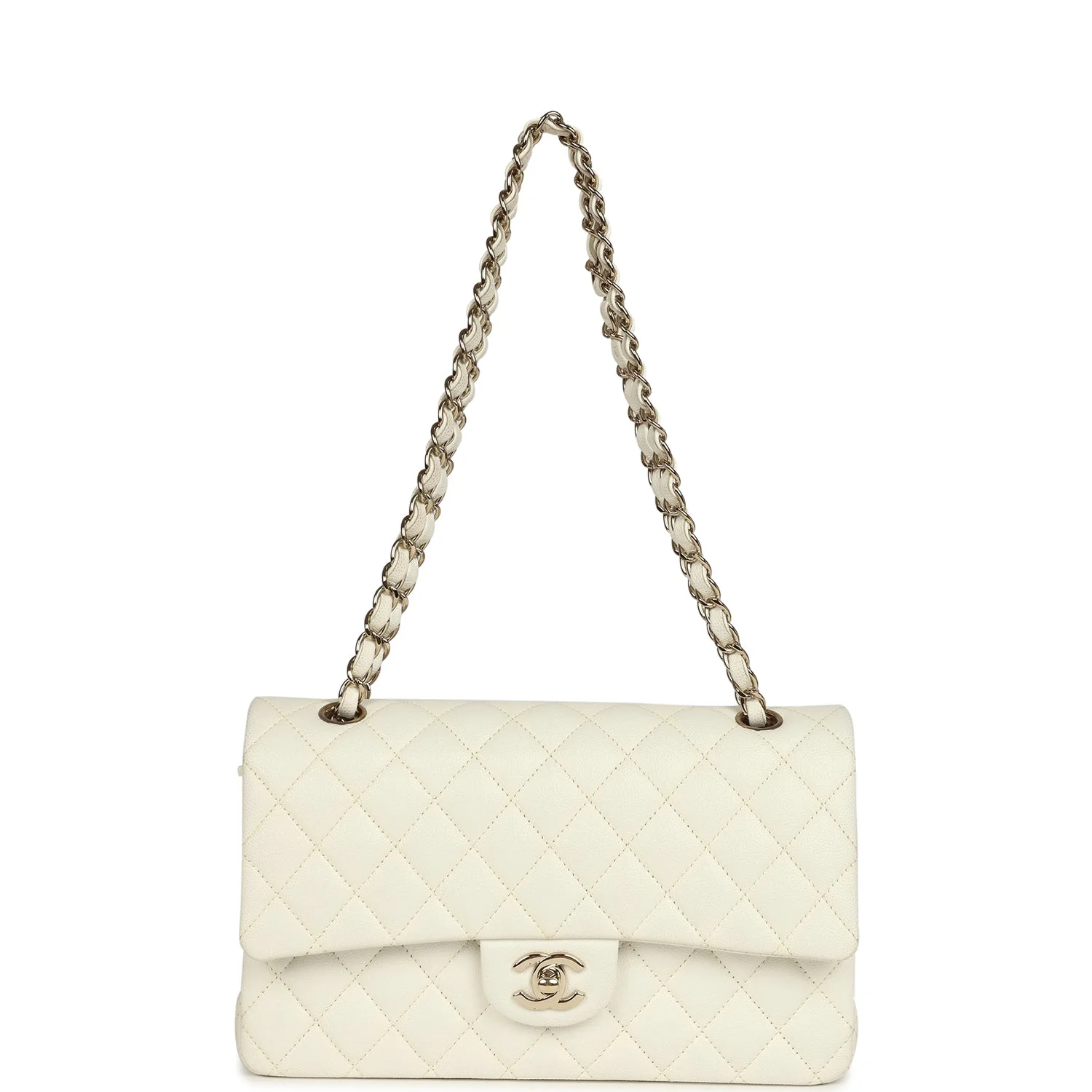 Pre-owned Chanel Medium Classic Double Flap White Caviar Light Gold Hardware