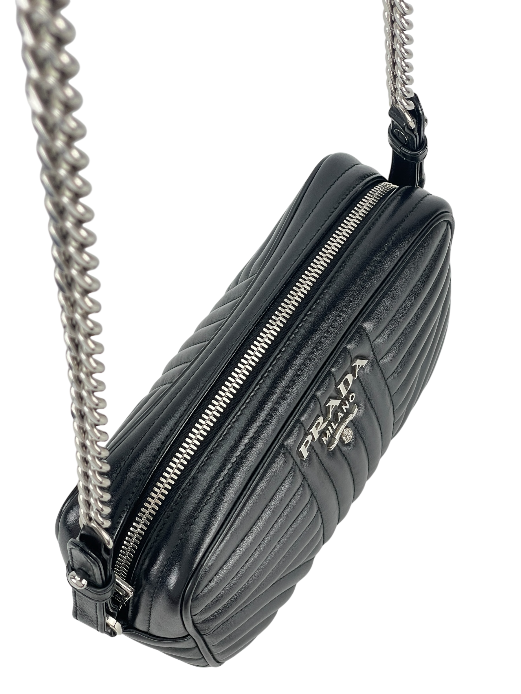 PRADA - Black Calfskin Soft Diagramme Camera Bag