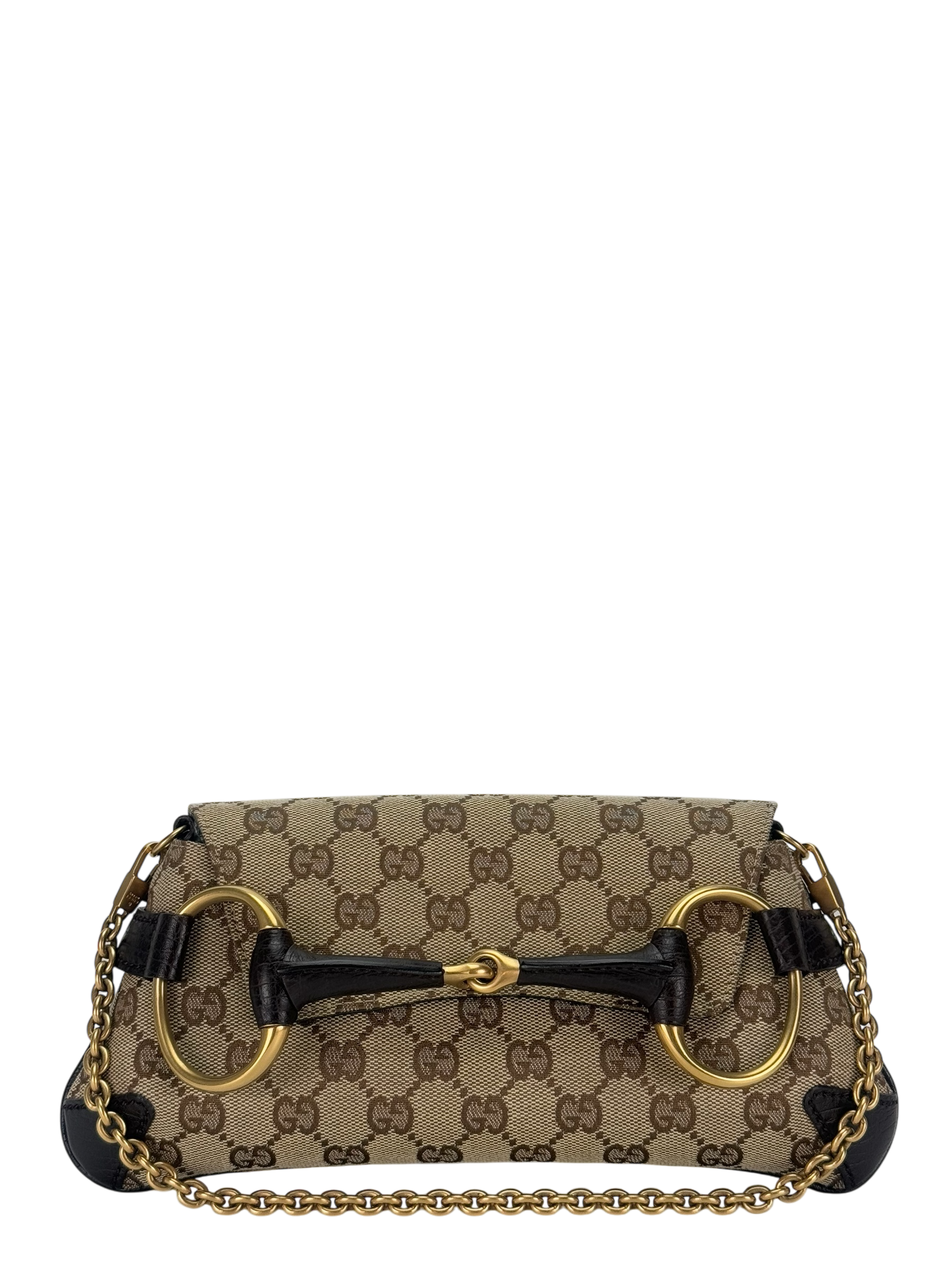 GUCCI -  Beige Brown 2WAY Horsebit Chain GG Canvas Handbag Clutch Bag