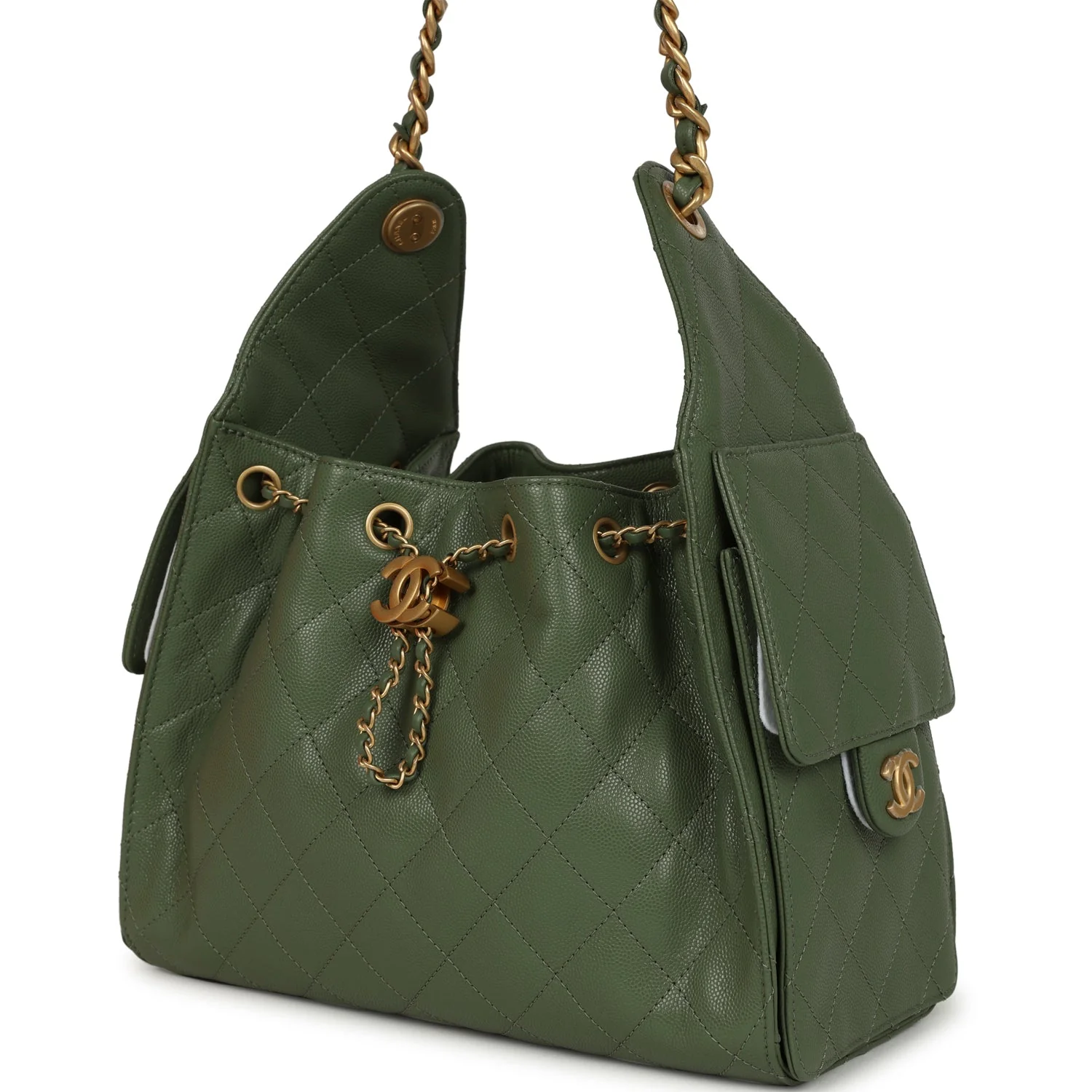 Chanel Small 25 Hobo Bag Khaki Caviar Antique Gold Hardware