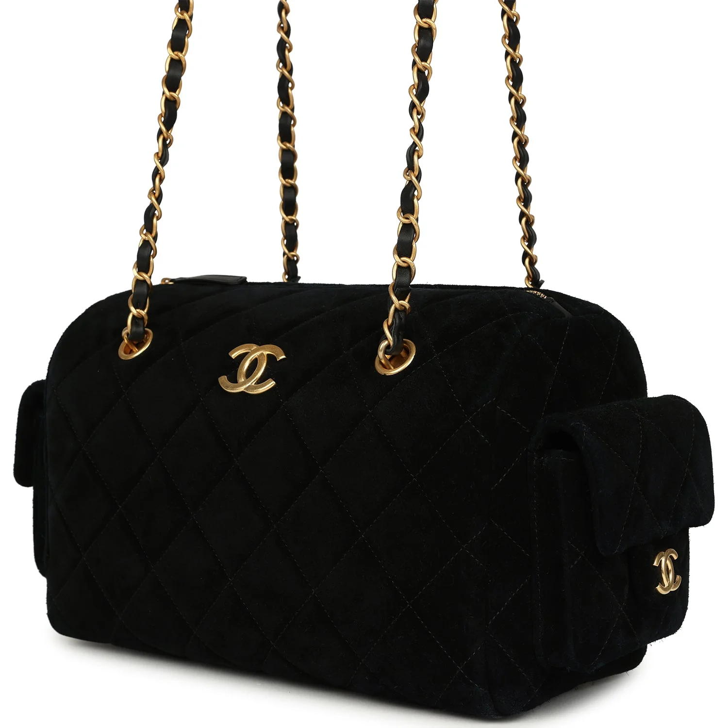 Chanel Small Bowling Bag Black Suede Antique Gold Hardware